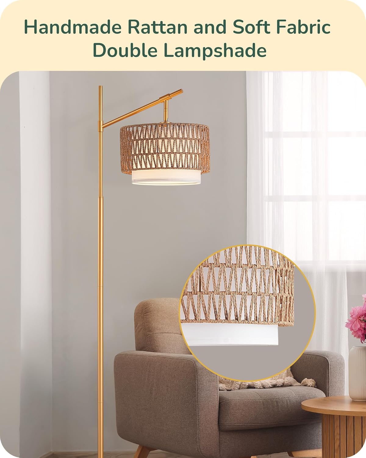 Farmhouse Rattan Arc Floor Lamp with Dual Shades & Remote