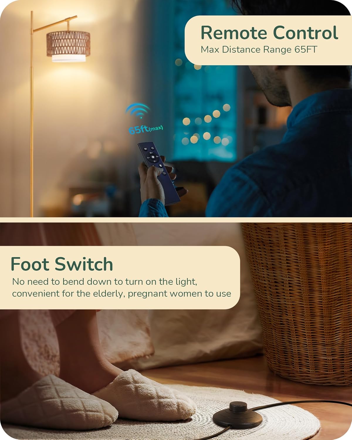 Farmhouse Rattan Arc Floor Lamp with Dual Shades & Remote