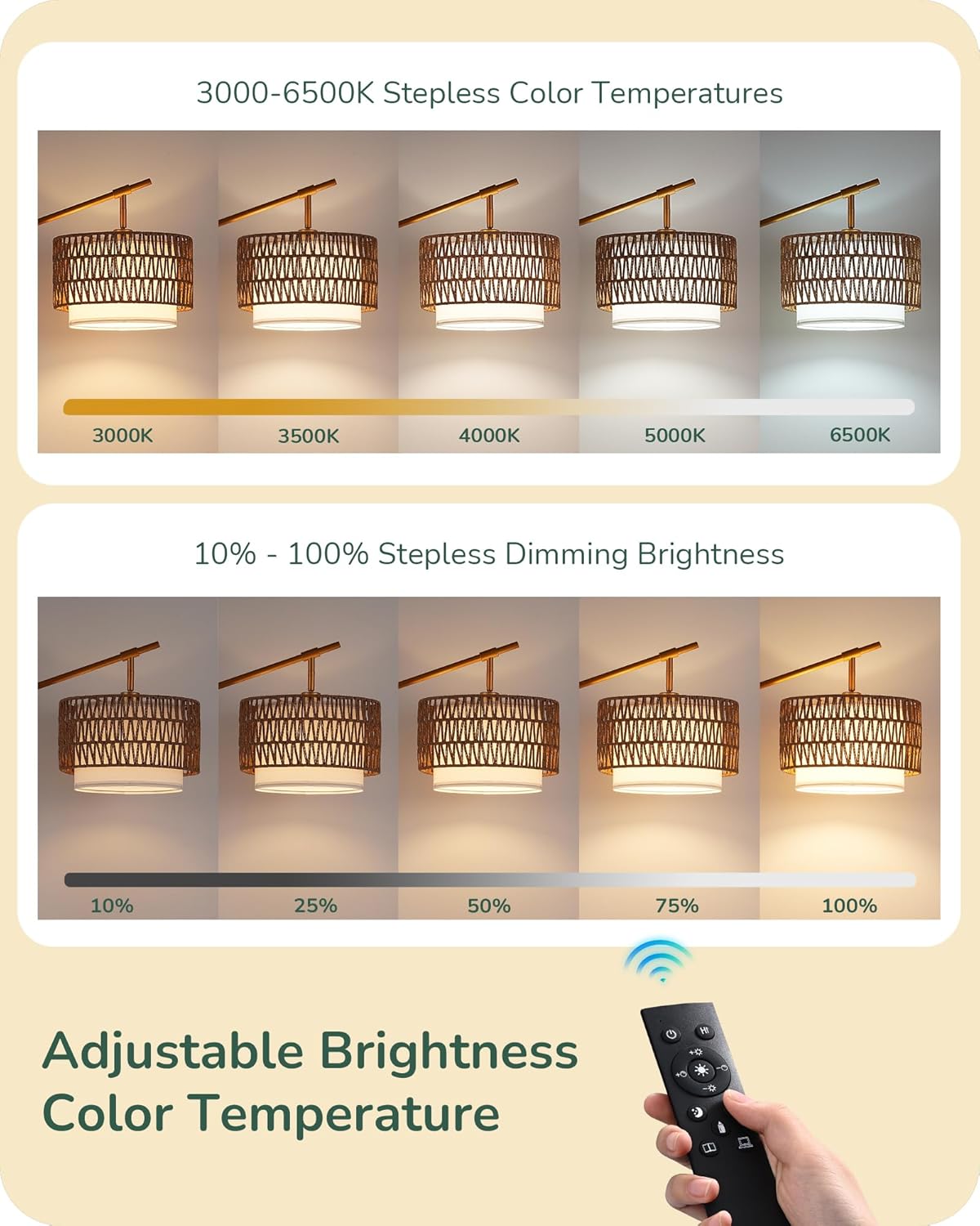 Farmhouse Rattan Arc Floor Lamp with Dual Shades & Remote