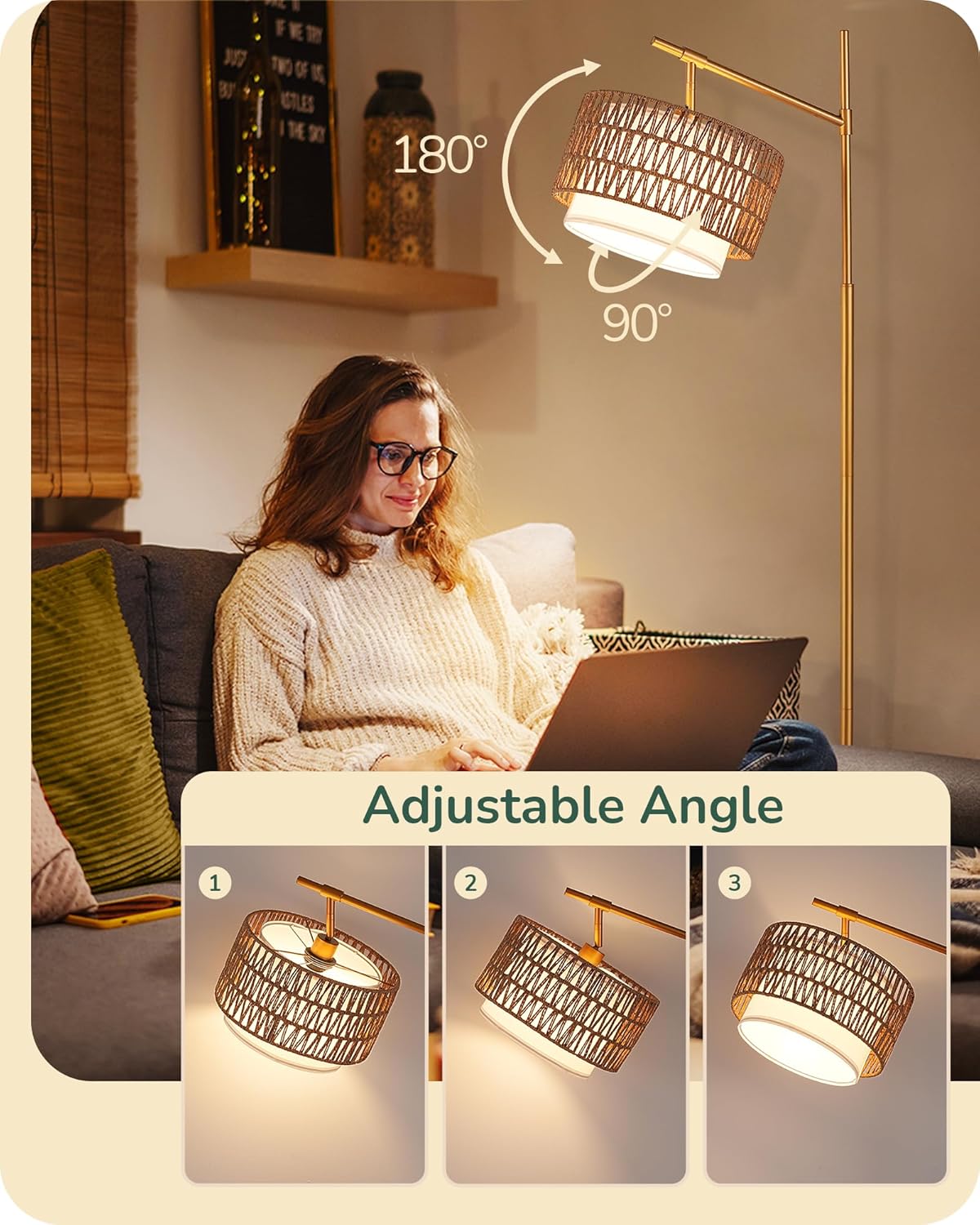 Farmhouse Rattan Arc Floor Lamp with Dual Shades & Remote