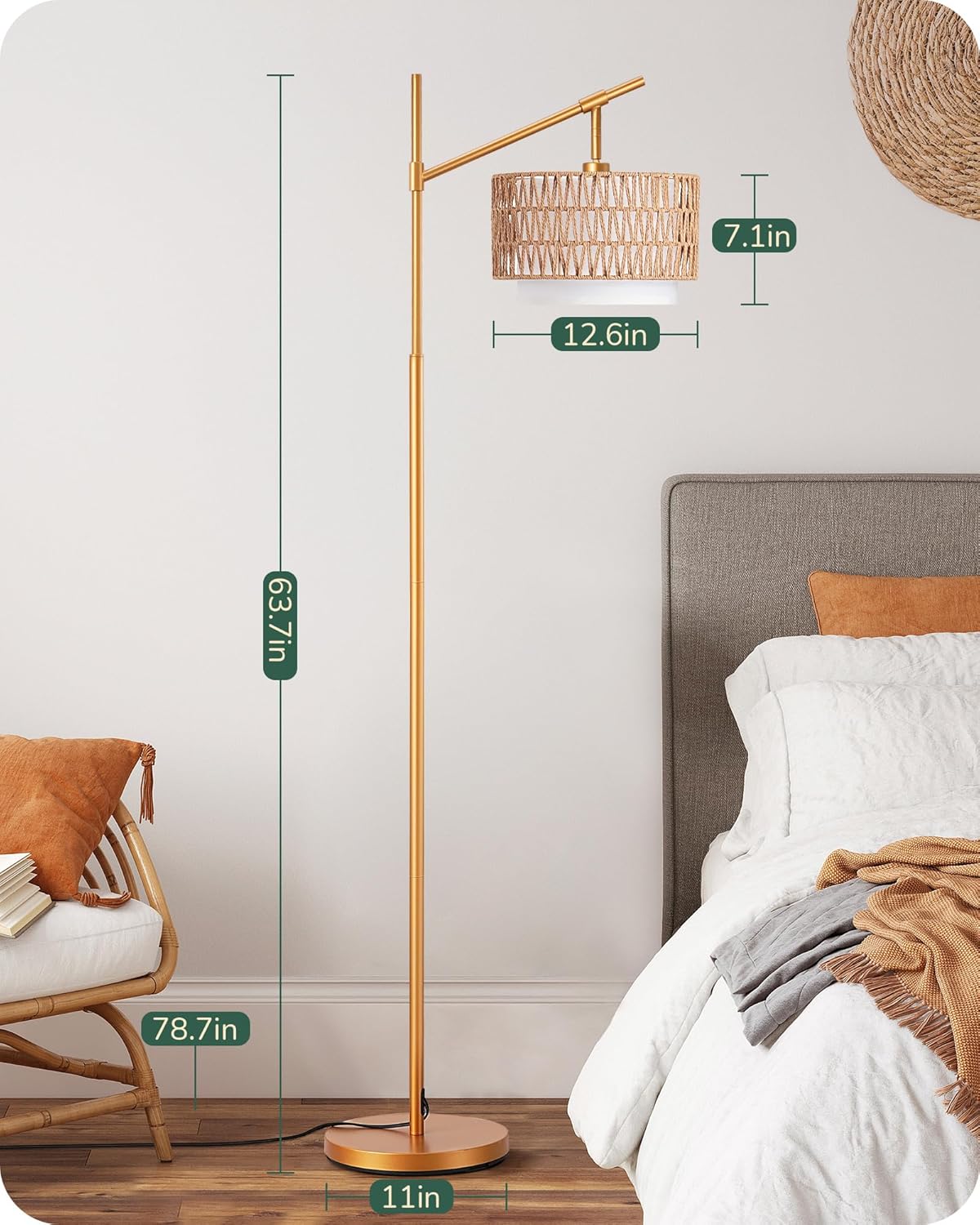 Farmhouse Rattan Arc Floor Lamp with Dual Shades & Remote