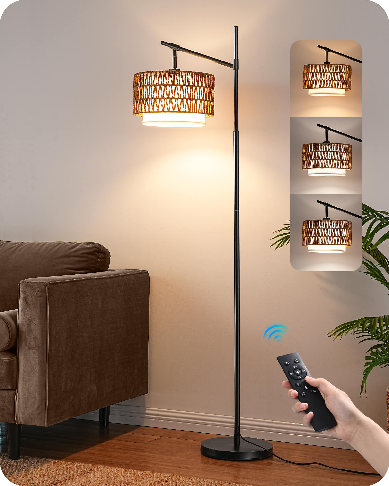 63.78in Rattan Floor Lamp with Remote for Living Room