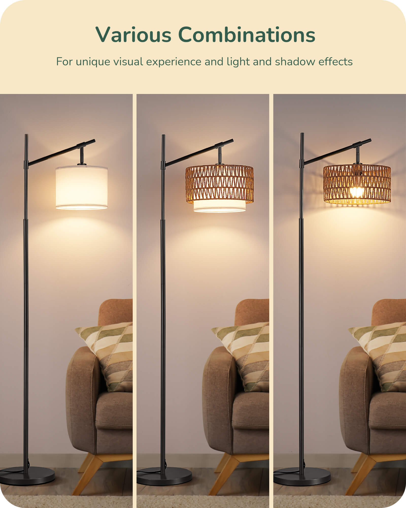 63.78in Rattan Floor Lamp with Remote for Living Room
