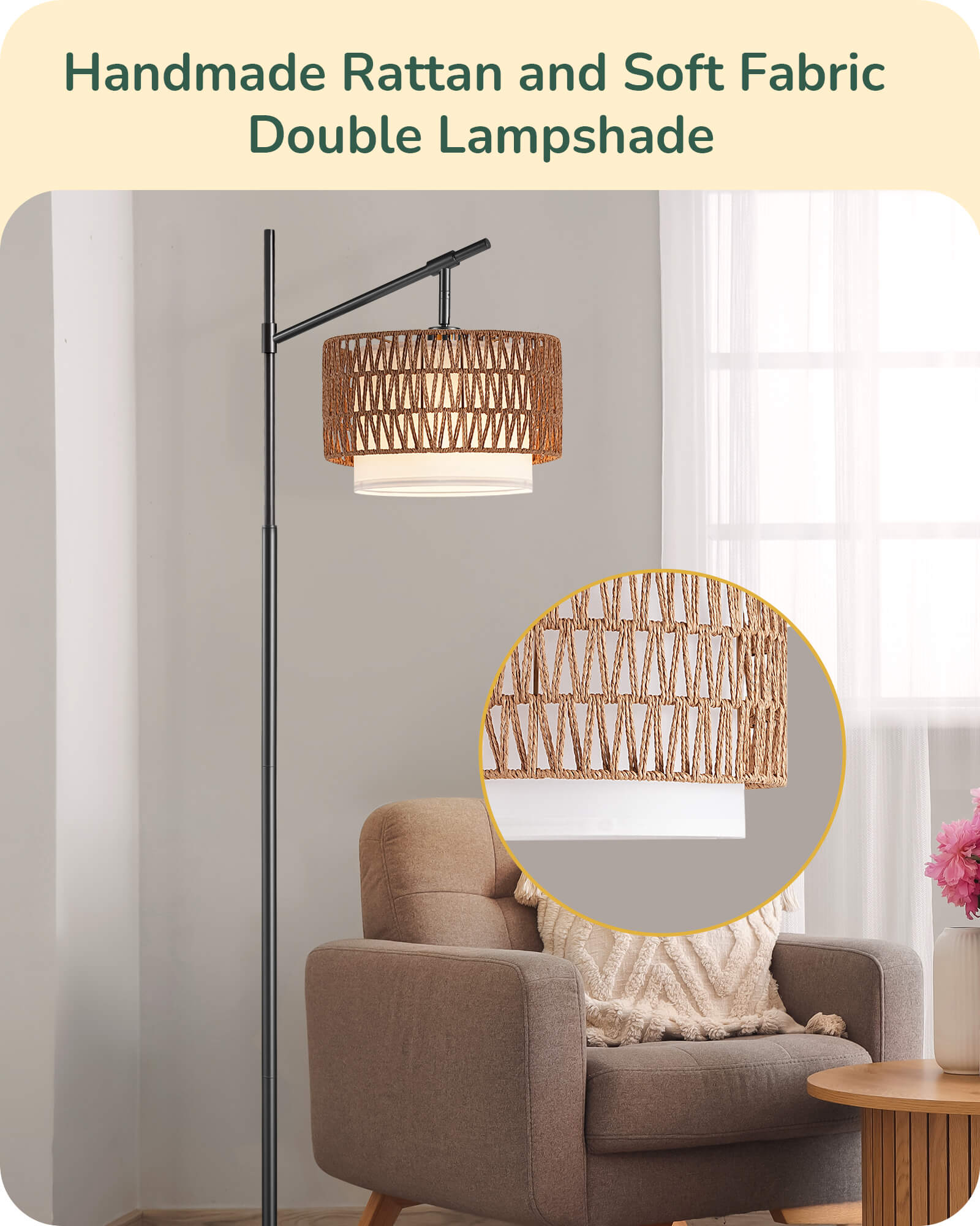 63.78in Rattan Floor Lamp with Remote for Living Room