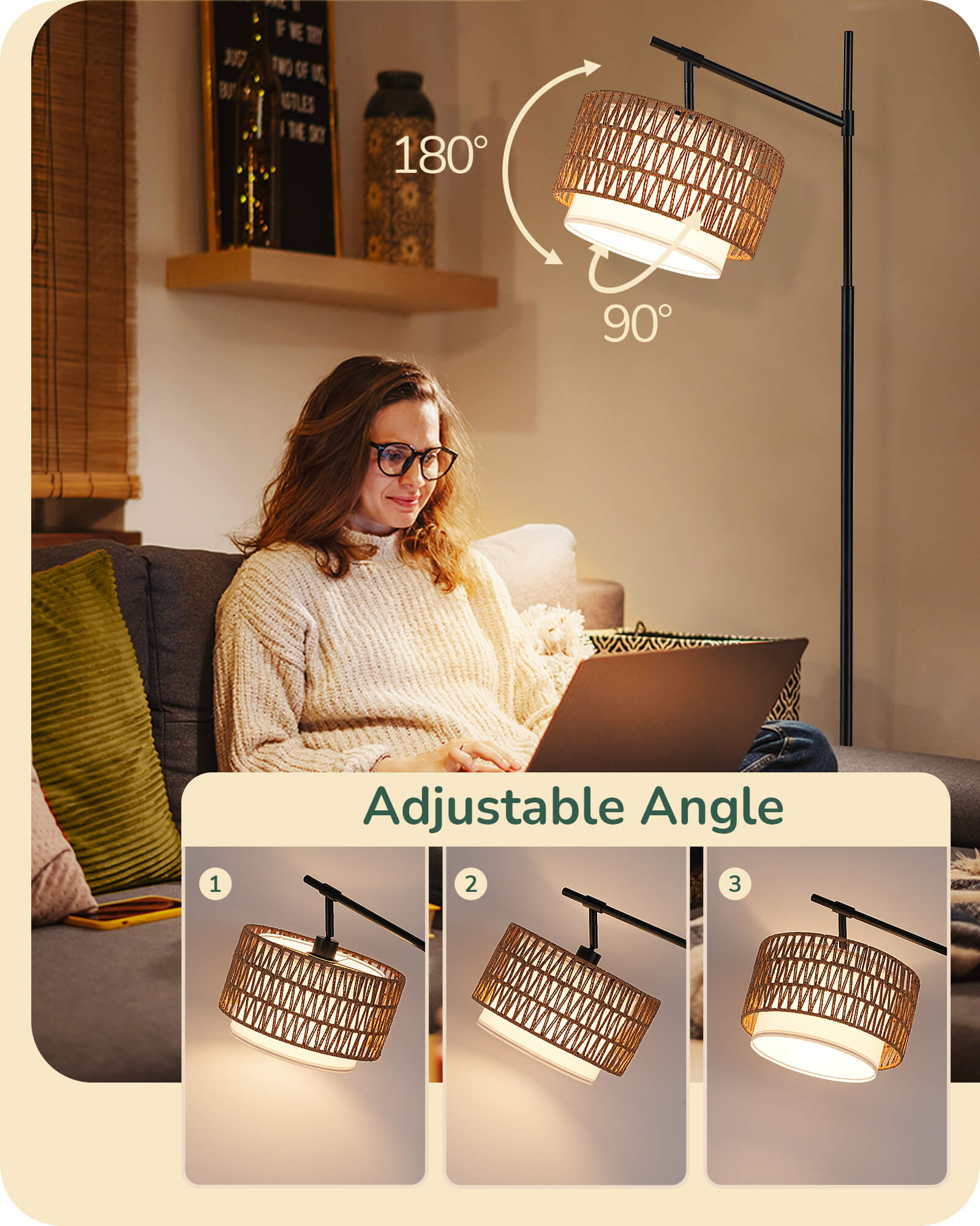63.78in Rattan Floor Lamp with Remote for Living Room