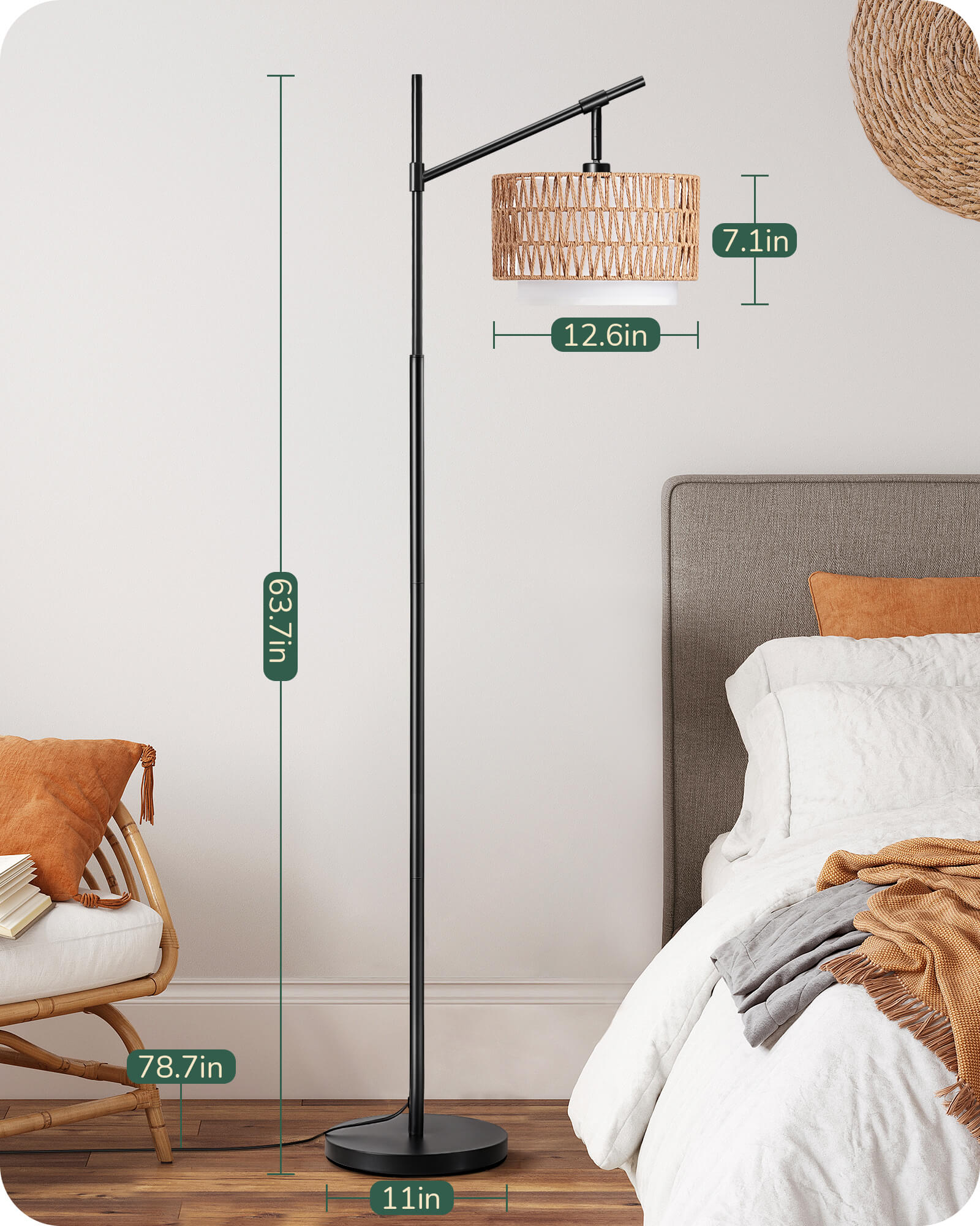63.78in Rattan Floor Lamp with Remote for Living Room