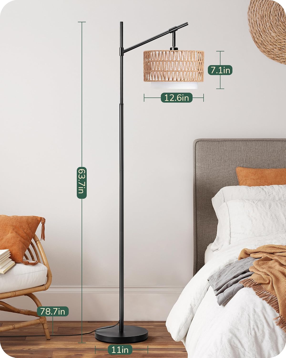 Farmhouse Rattan Arc Floor Lamp with Dual Shades & Remote