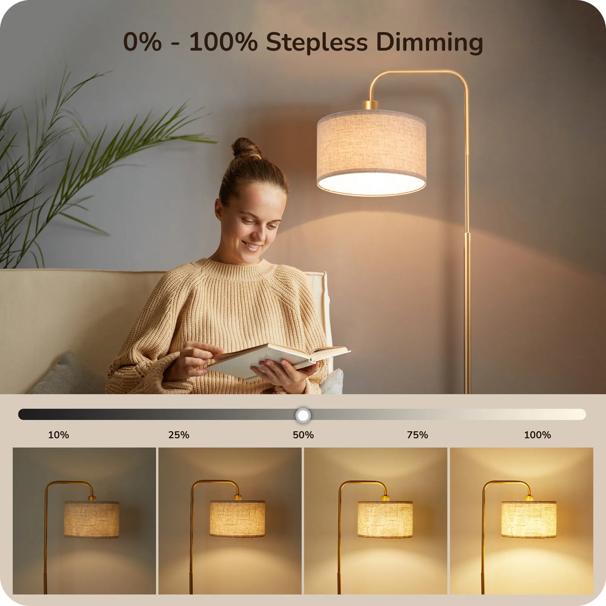 63" Gold Arched Floor Lamp — Dimmable Arc Light with Remote & Foot Switch