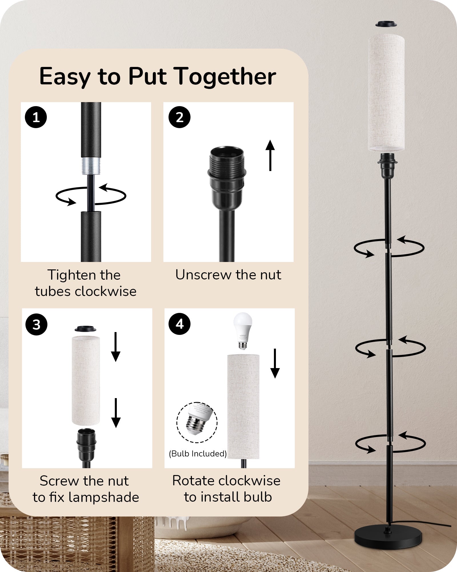 EDISHINE Pole Floor Lamp with Fabric Shade -HFLEC1B