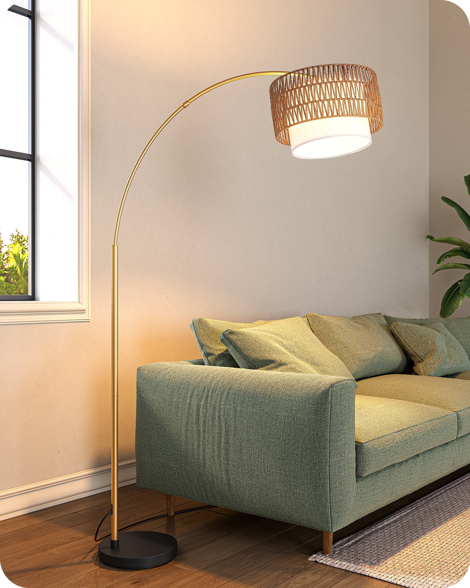 76" Tall Boho Arc Floor Lamp with Rattan Shade & Remote Control