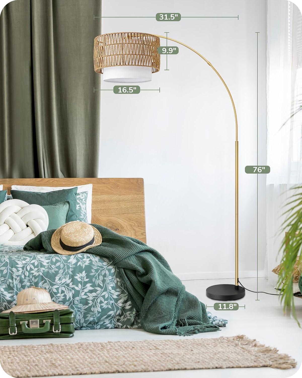 76" Tall Boho Arc Floor Lamp with Rattan Shade & Remote Control