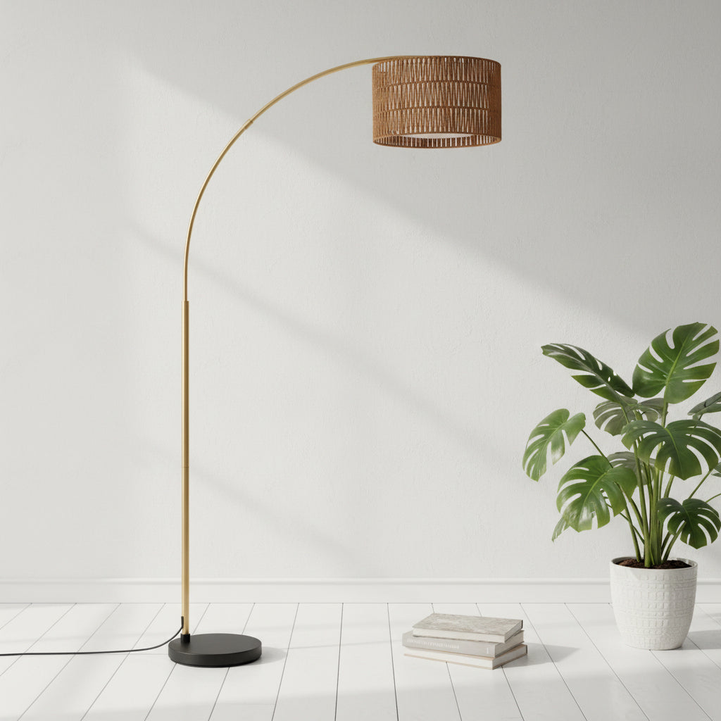 EDISHINE | 76" Arc Rattan Floor Lamp with Remote & Dimmable LED Bulb