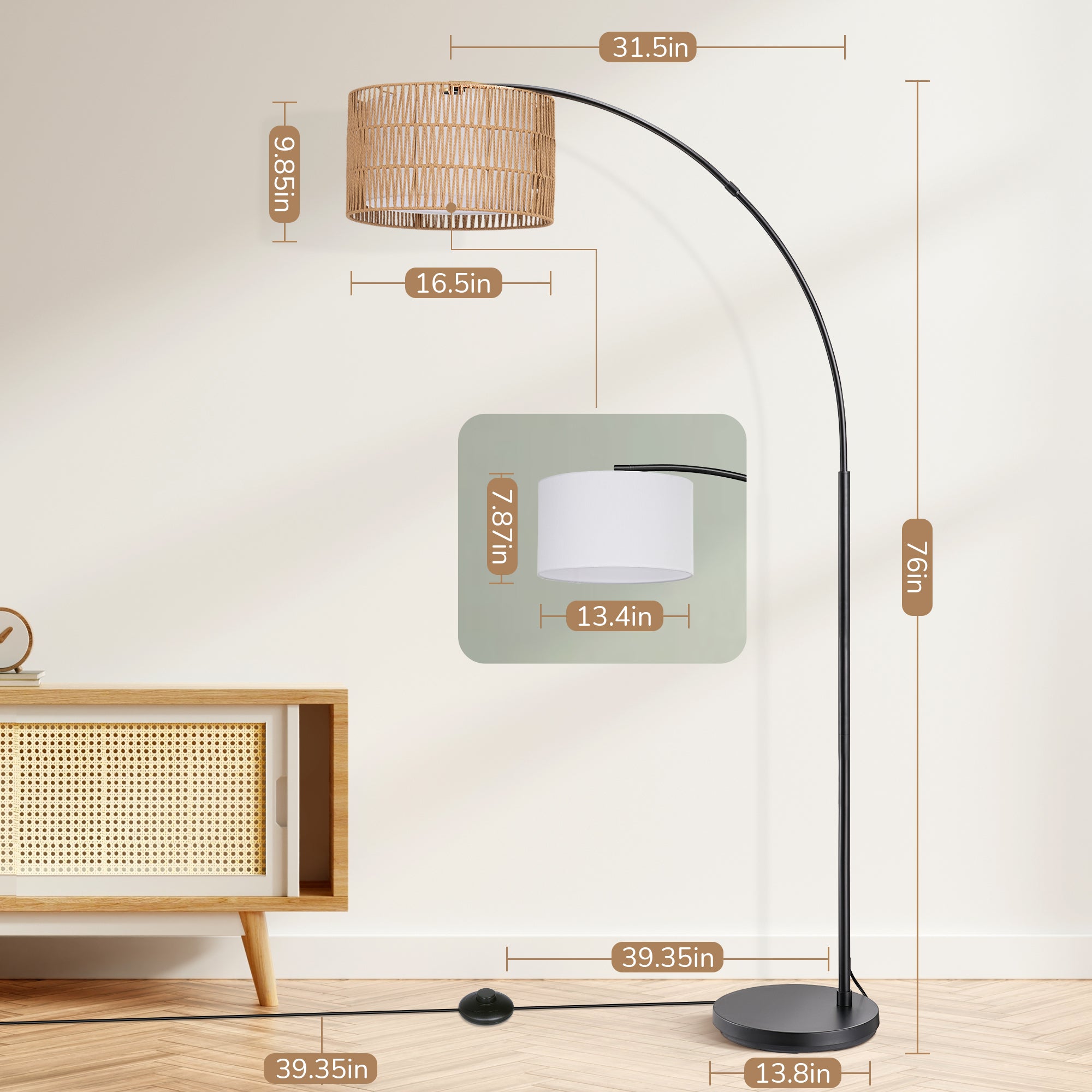 EDISHINE 76'' Rattan Arched Dimmable Floor Lamp With Remote Control And Bulb Included-HFLEC4B