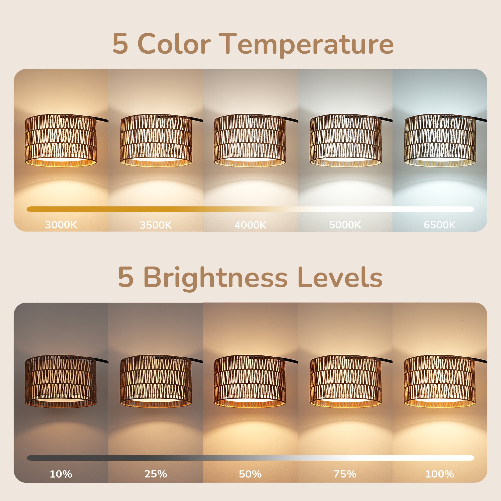 EDISHINE 76'' Rattan Arched Dimmable Floor Lamp With Remote Control And Bulb Included-HFLEC4B