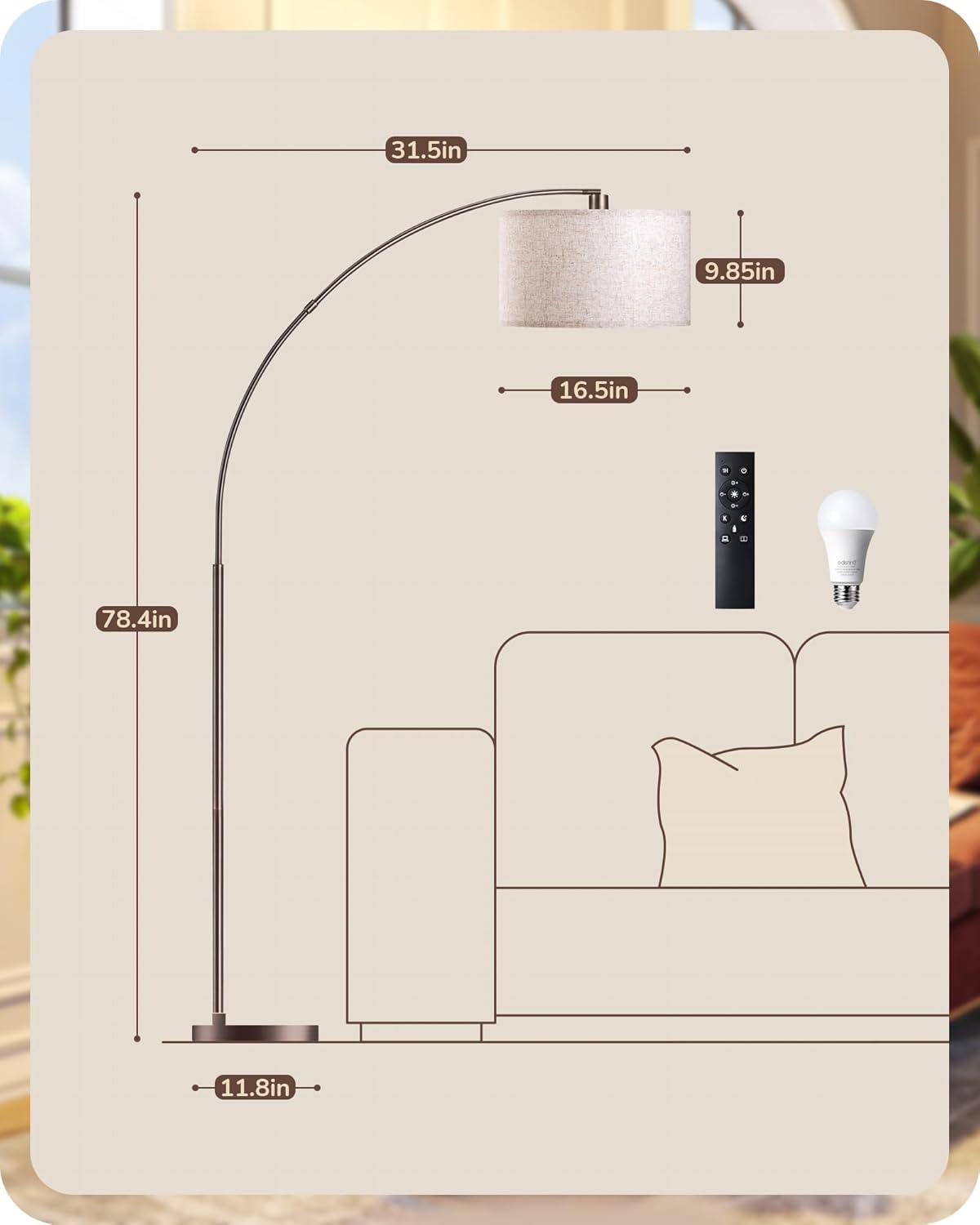 78.4" Tall Mid-Century Modern Arc Floor Lamp with Adjustable Linen Shade & Remote - Dimmable Bulb Included