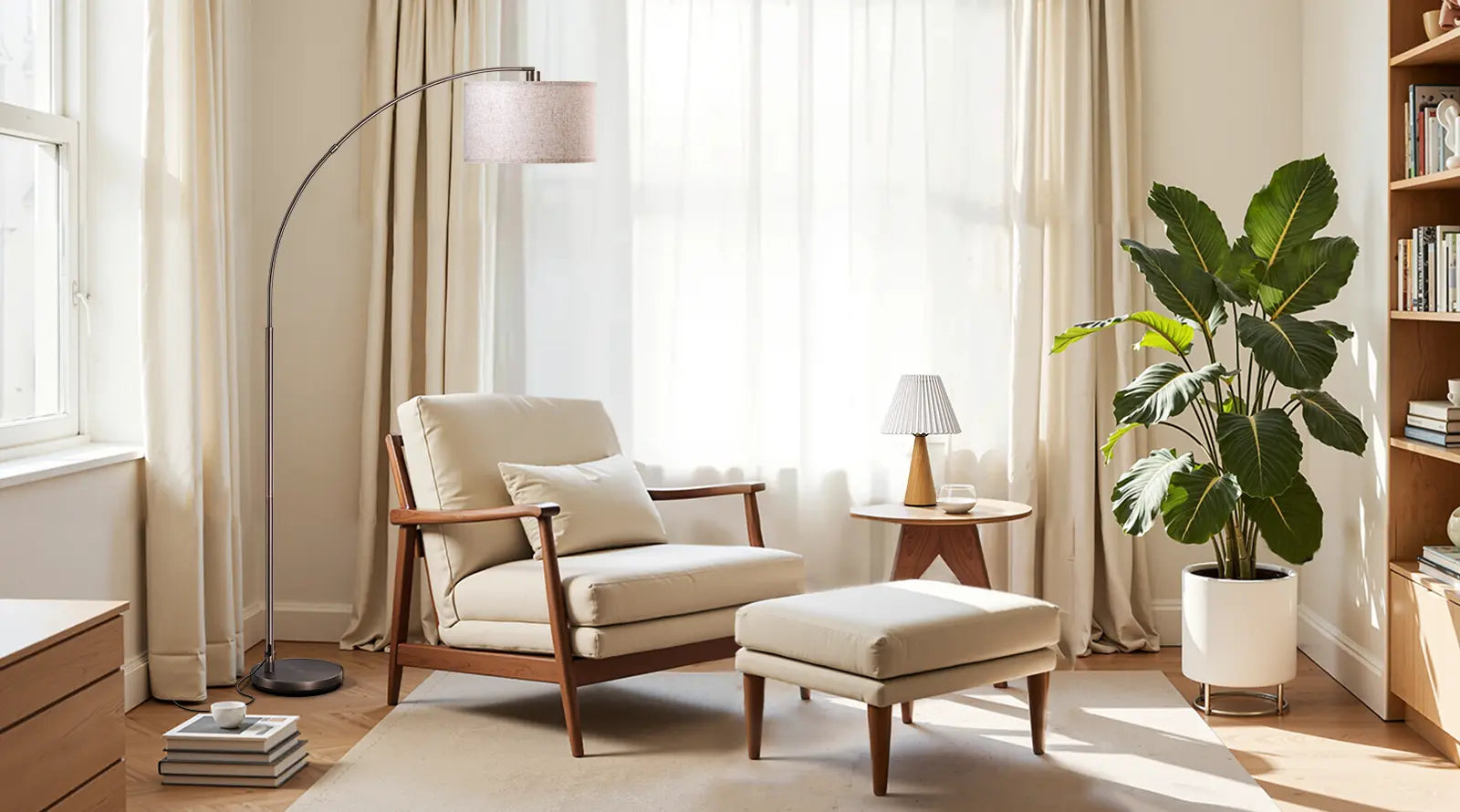 Cozy living room with a beige armchair, ottoman, and a plant.