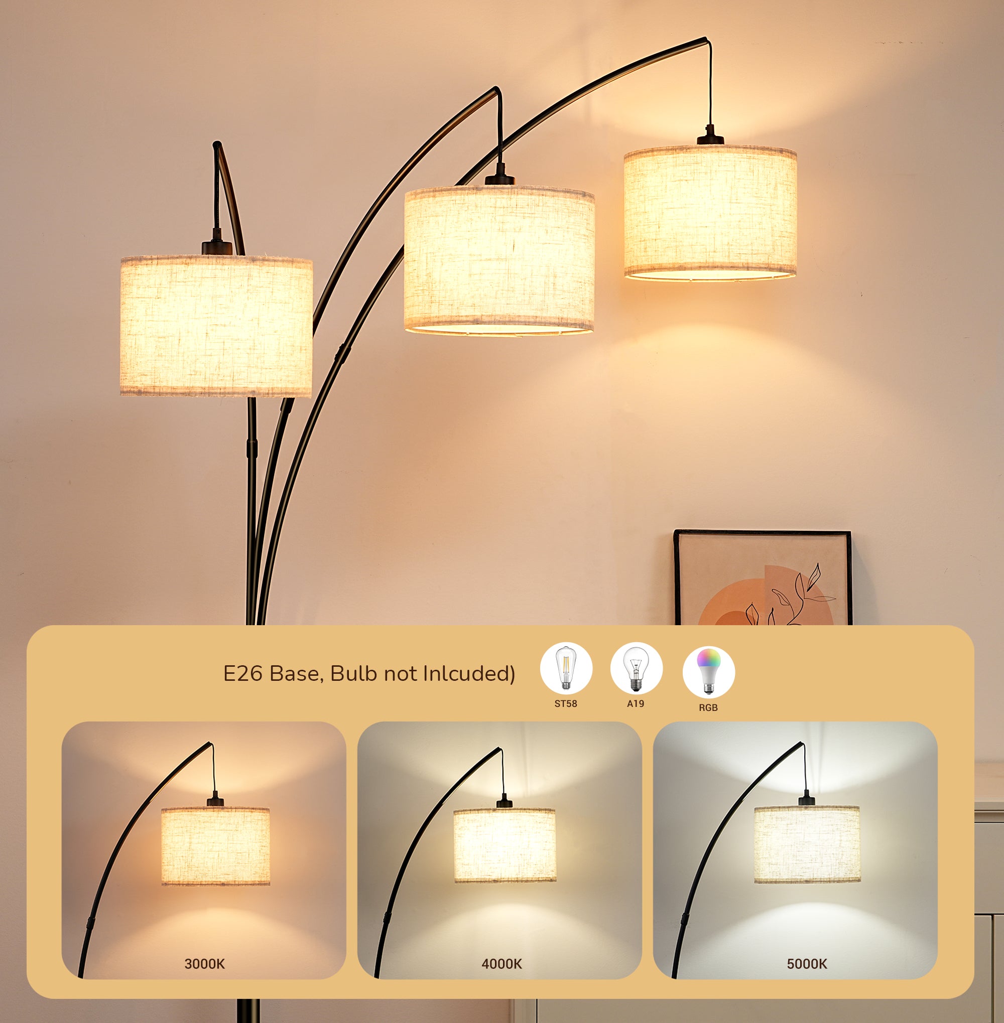 EDISHINE 83" 3-way Dimmable Arc Tree Floor Lamp With Rotary Switch - HFLEE1B