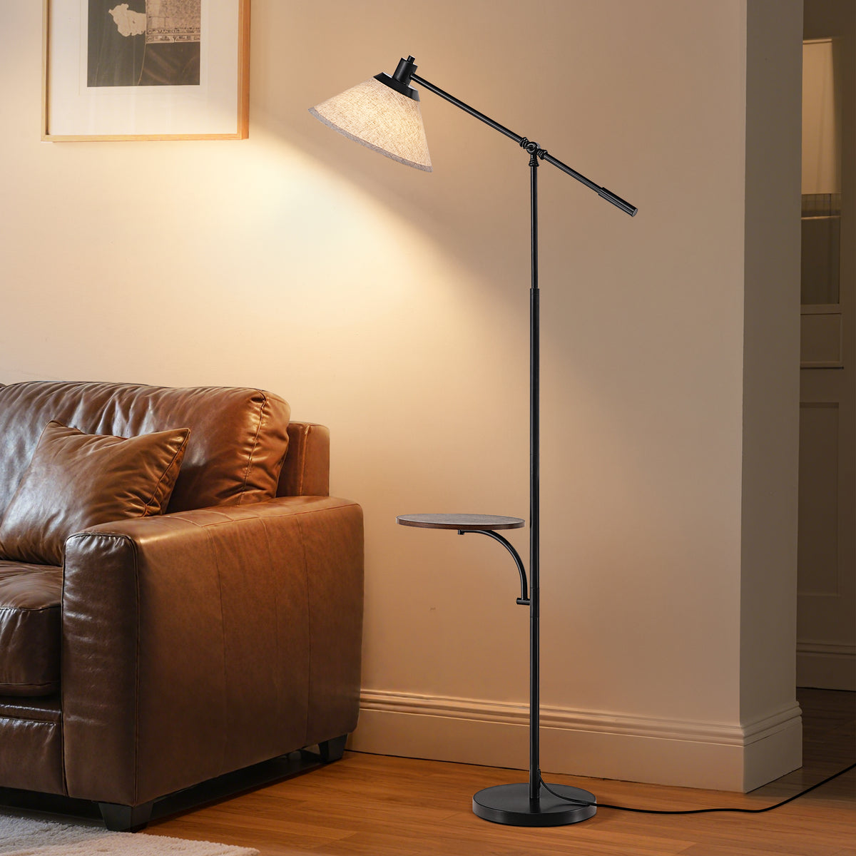 Mid-Century Dimmable Floor Lamp with Side Tray Table & Remote Control - LED Bulb Included