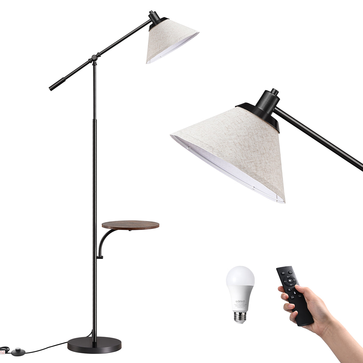 Mid-Century Dimmable Floor Lamp with Side Tray Table & Remote Control - LED Bulb Included