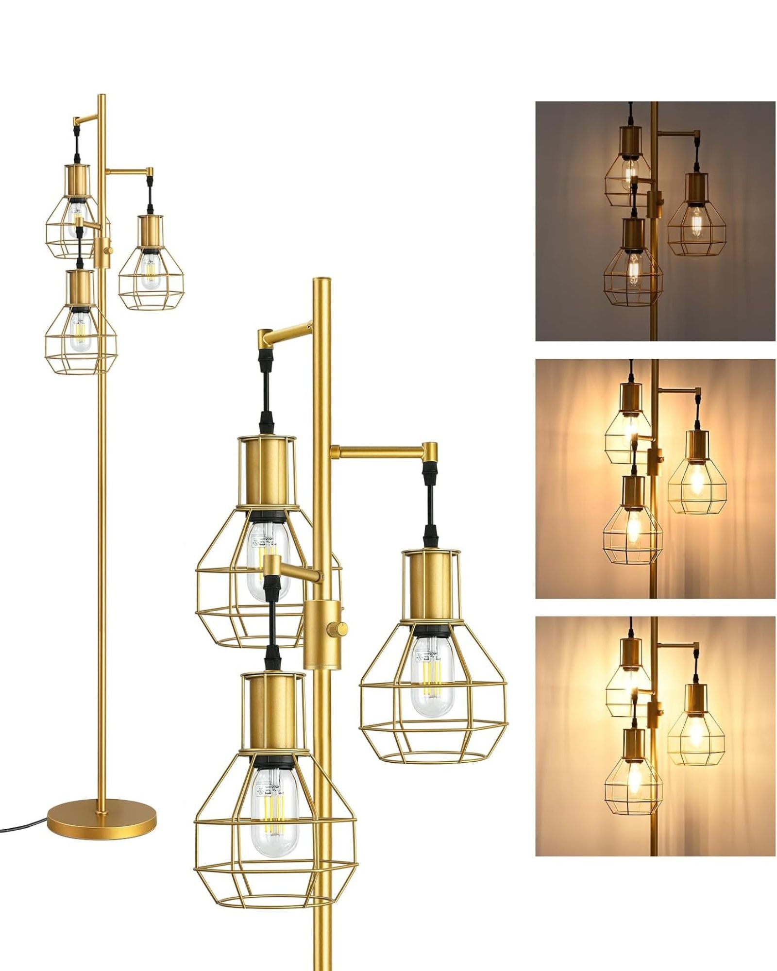 EDISHINE Dimmable Farmhouse Industrial Tree Floor Lamp with Diamond-Shaped Bulb Cages