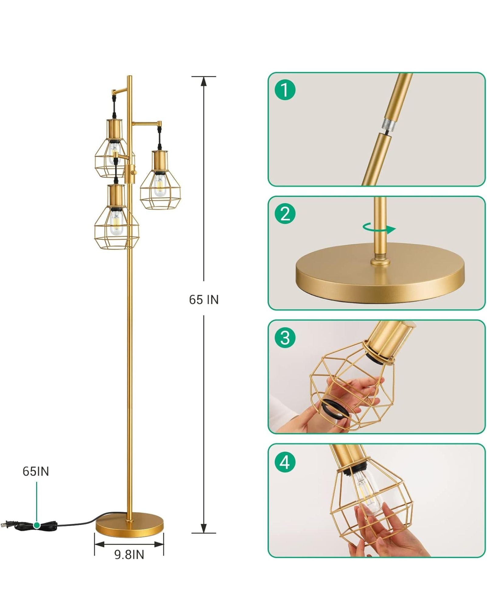 EDISHINE Dimmable Farmhouse Industrial Tree Floor Lamp with Diamond-Shaped Bulb Cages