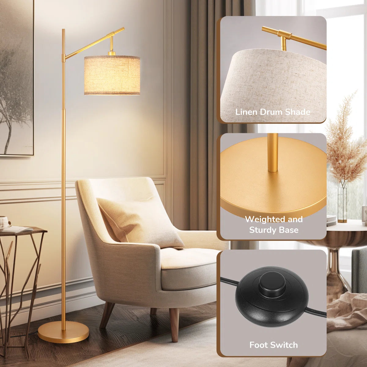 63" Tall Modern Arc Floor Lamp with Linen Drum Shade & Foot Switch