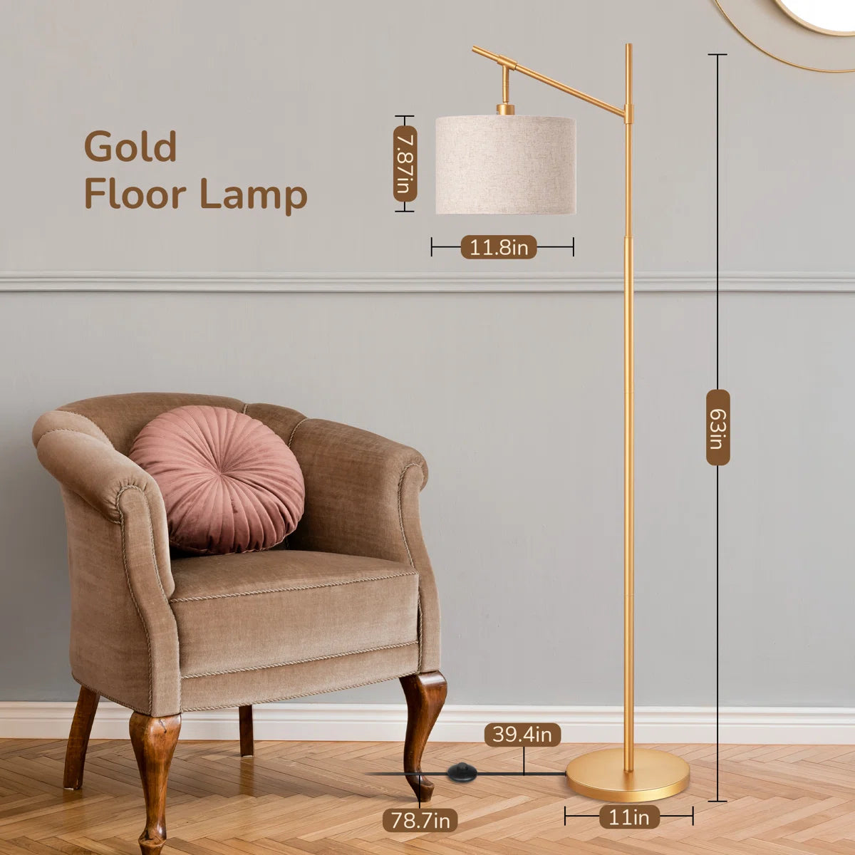 63" Tall Modern Arc Floor Lamp with Linen Drum Shade & Foot Switch