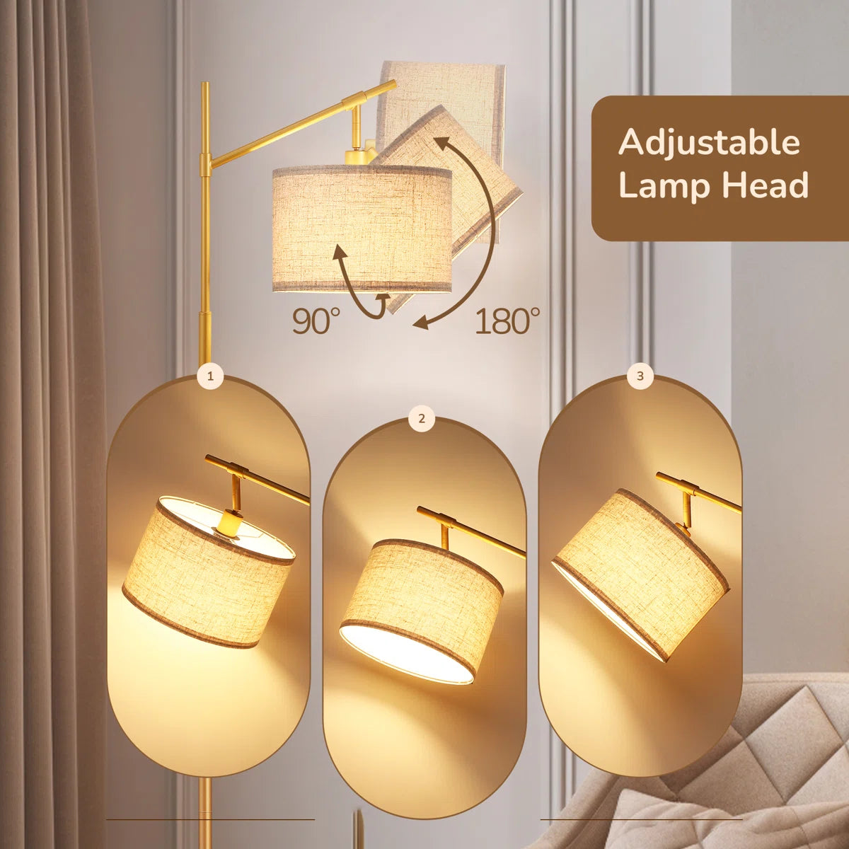 63" Tall Modern Arc Floor Lamp with Linen Drum Shade & Foot Switch
