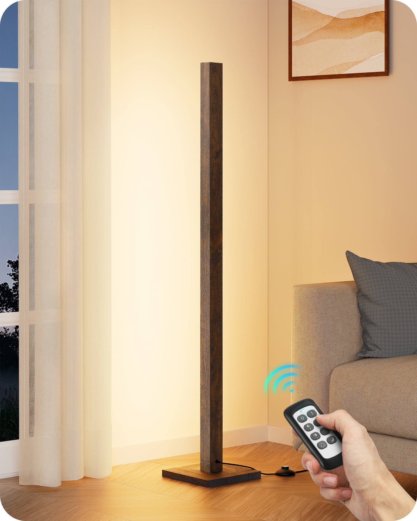 EDISHINE 46" Dimmable Wood Corner Floor Lamp with Remote, 7 Color Temperature, Dark Walnut-F1HFLK02V