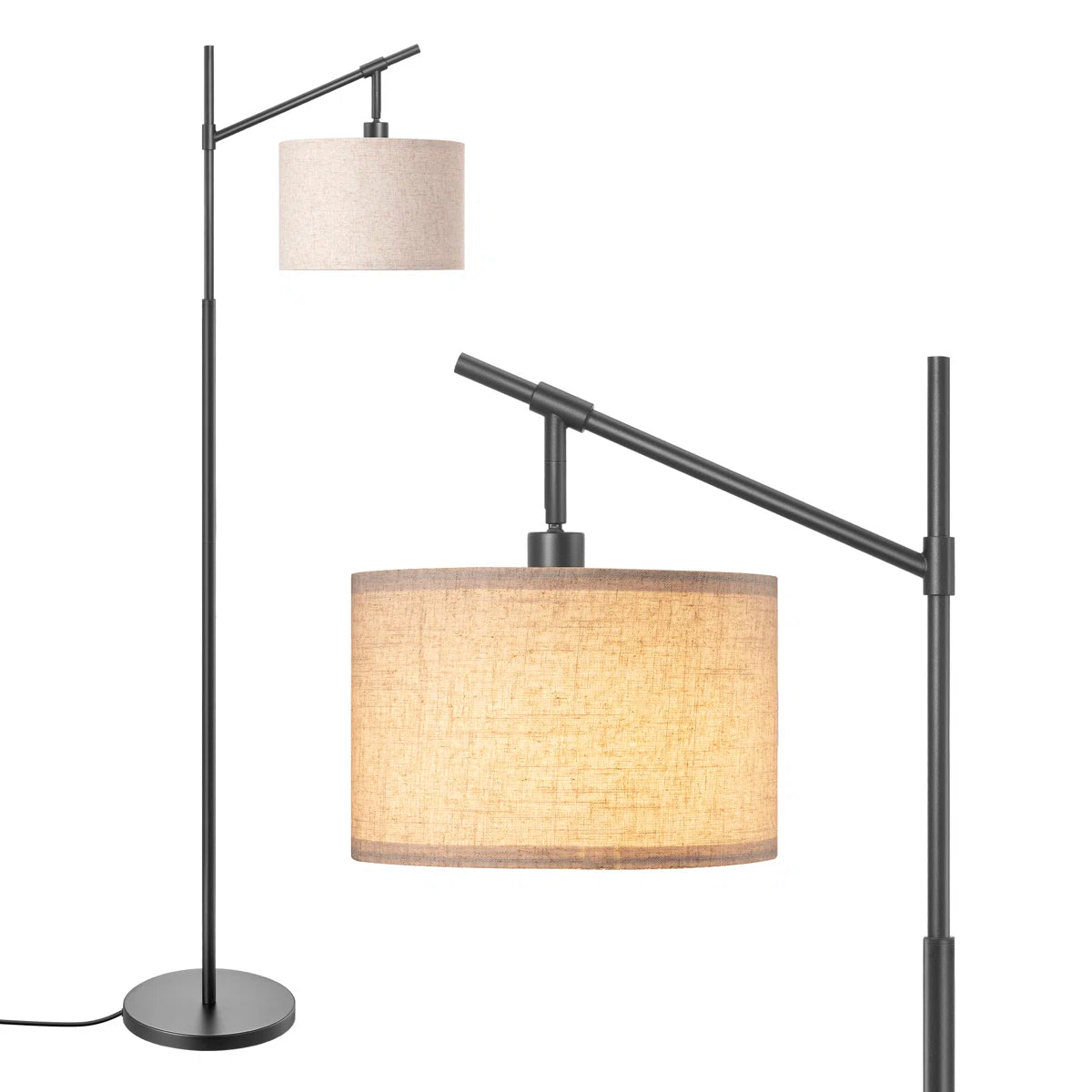 63" Tall Modern Arc Floor Lamp with Linen Drum Shade & Foot Switch