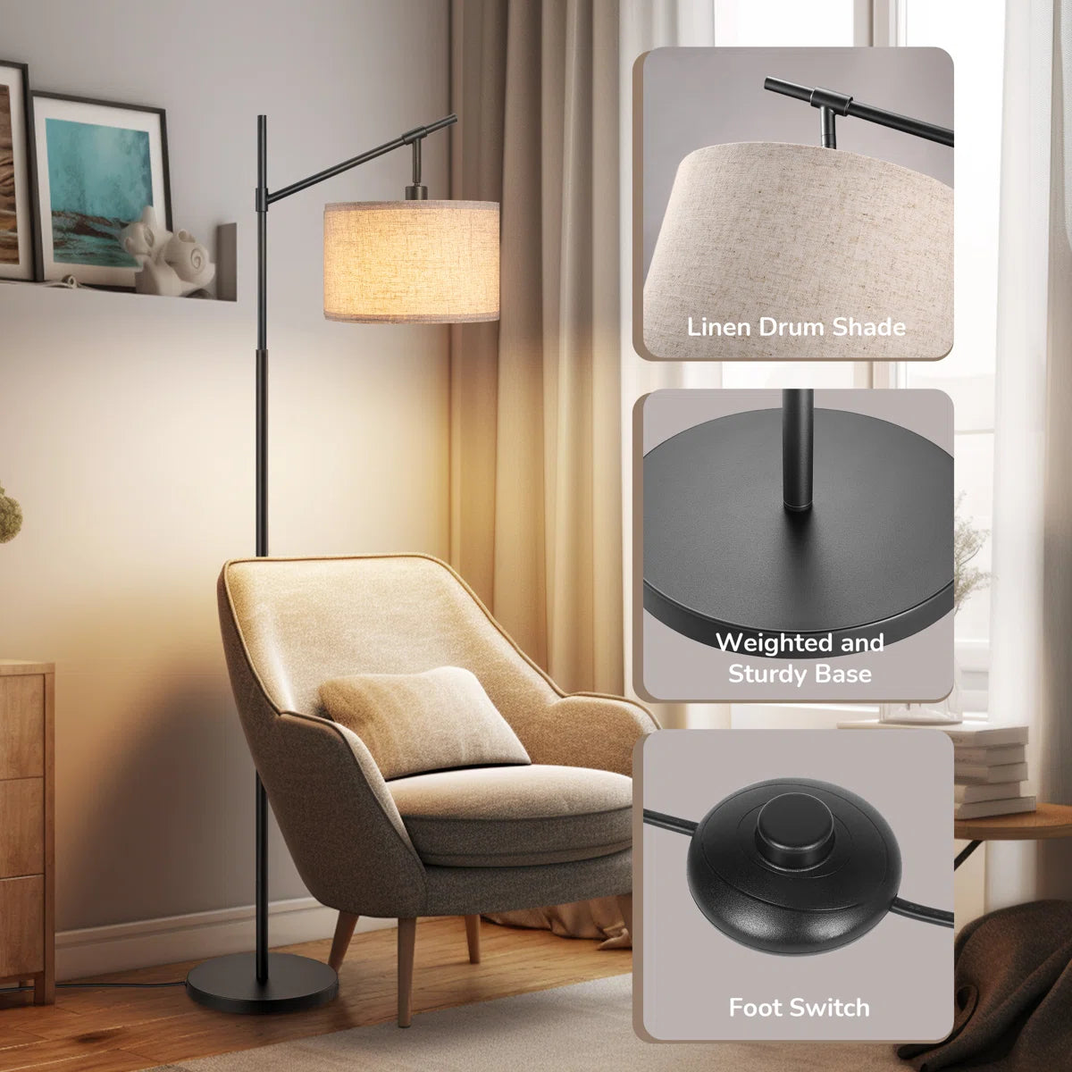 63" Tall Modern Arc Floor Lamp with Linen Drum Shade & Foot Switch