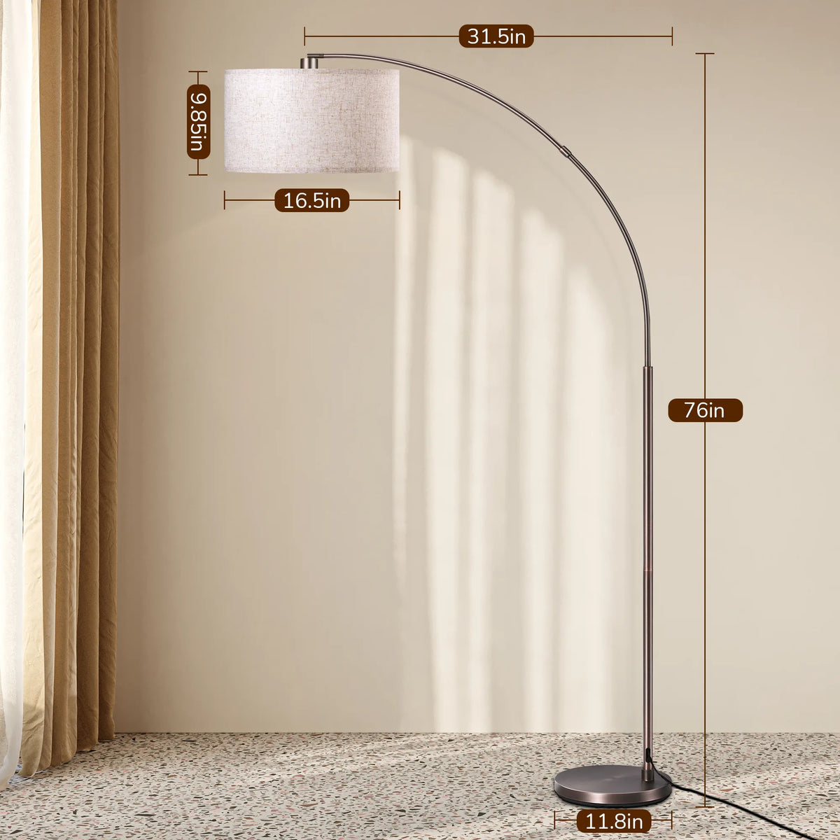 78.4" Tall Modern Arc Floor Lamp with Linen Drum Shade & Foot Switch