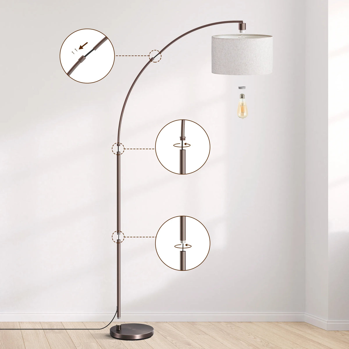 78.4" Tall Modern Arc Floor Lamp with Linen Drum Shade & Foot Switch