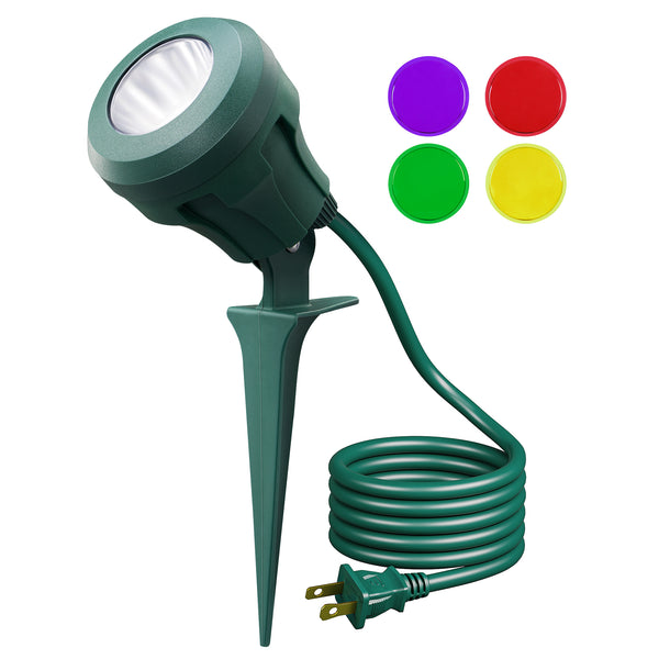 LED Outdoor Spotlight for New year Plug in Spot Light with 4 Color Lenses Waterproof Electric Landscape Spot Light projector 400 Lumen, 5 FT Power Cord