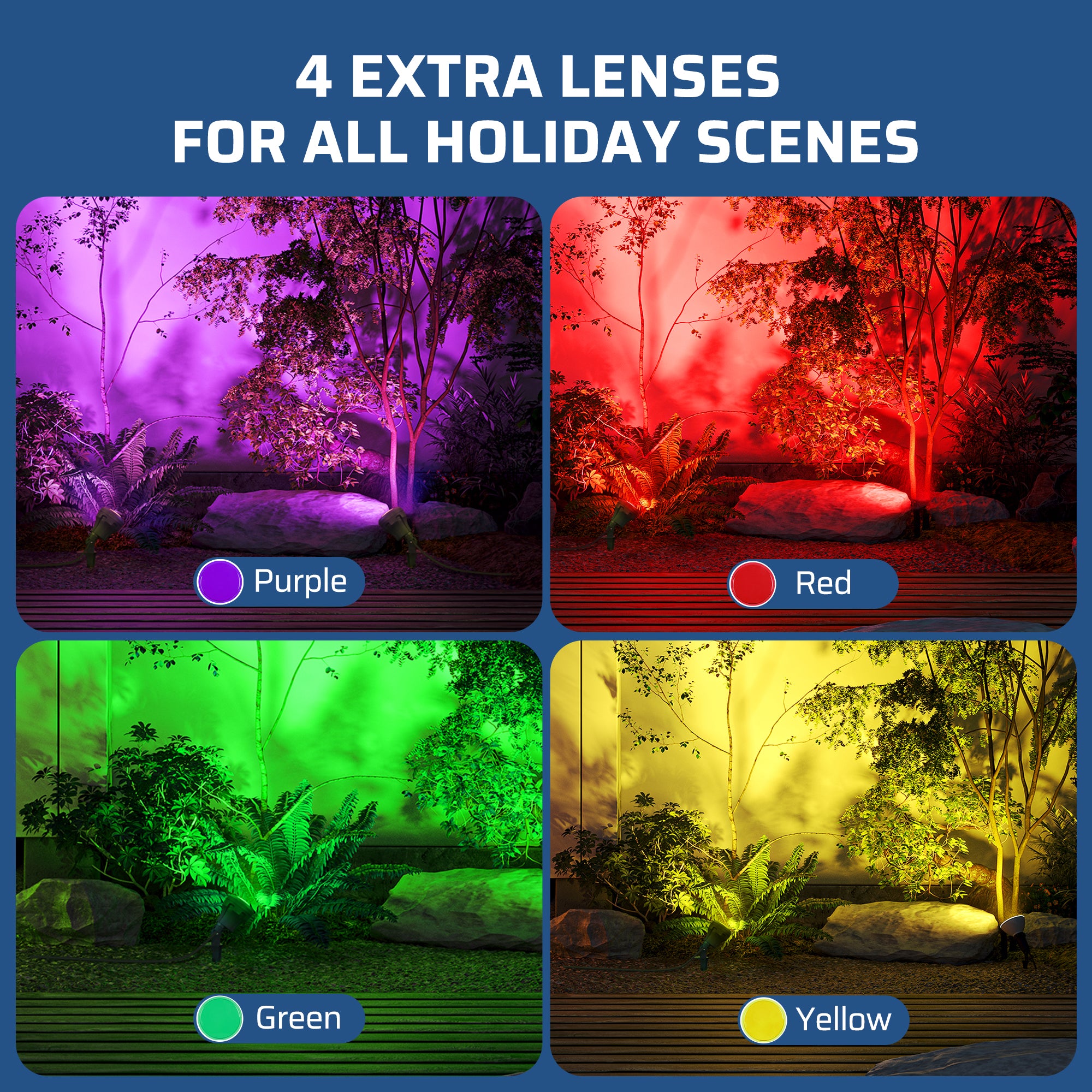 LED Outdoor Spotlight for New year Plug in Spot Light with 4 Color Lenses Waterproof Electric Landscape Spot Light projector 400 Lumen, 5 FT Power Cord-HGSL01G