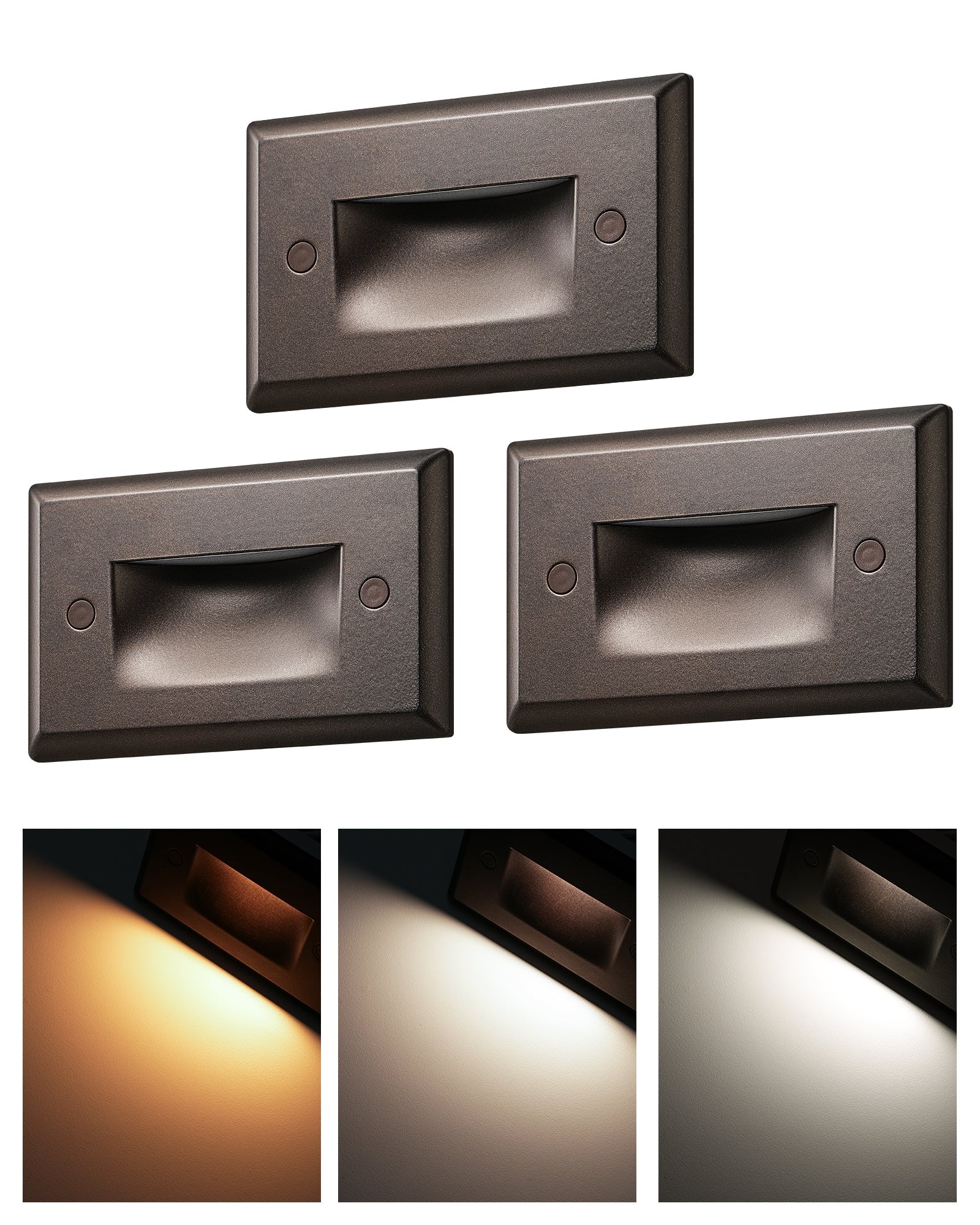 EDISHINE 3 Pack 120V Dimmable LED Step Lights, IP65 Waterproof, 2700K/3500K/5000K, 2.5W 150LM, CRI90, Aluminum, Beam Angle 30掳, Brown-HGSL12B