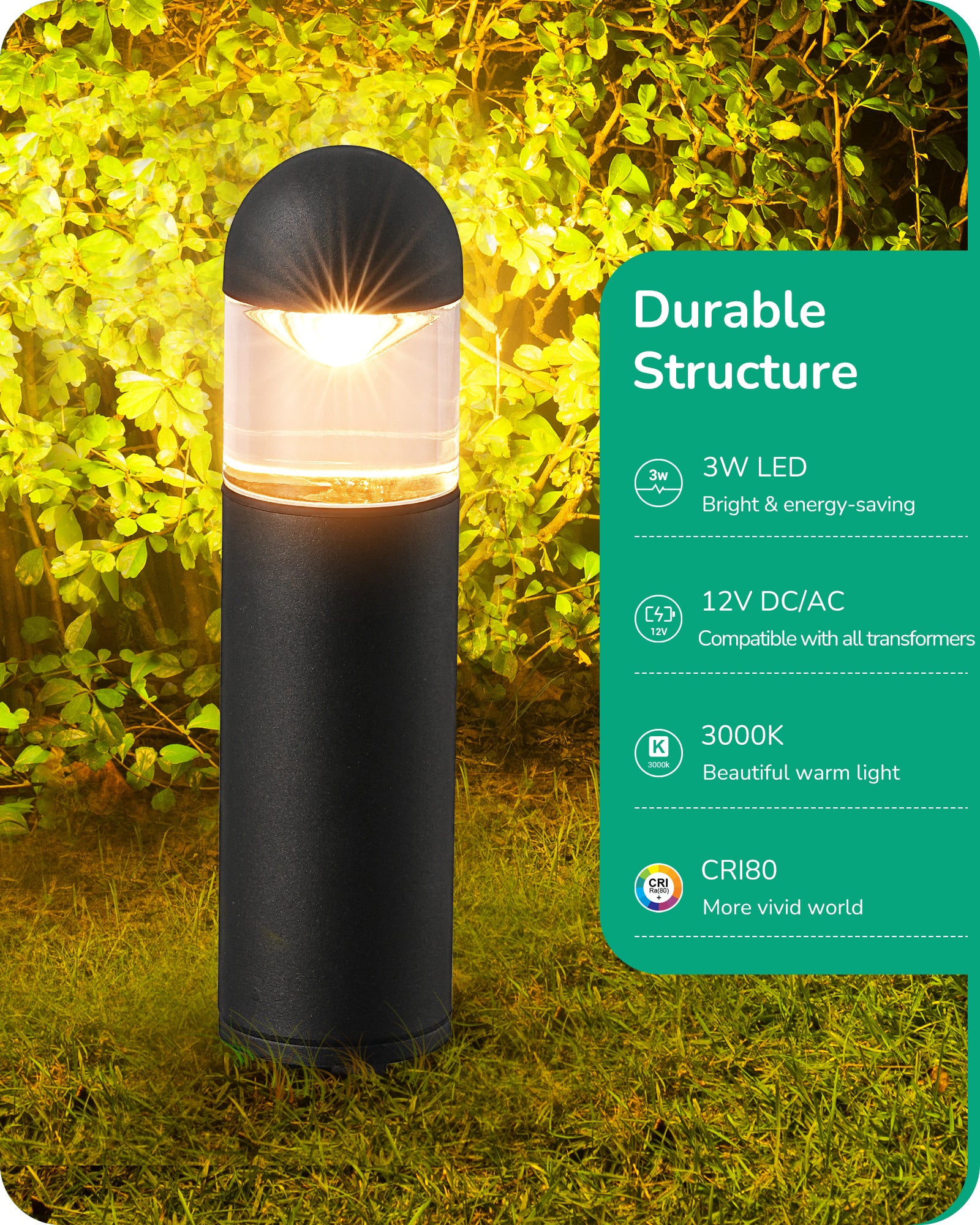 Bollard Path Light（6 Pack）Low Voltage Landscape Lights , 12V 3W 3000K Warm White, Electric Outdoor Bollard Lights with Connectors, Waterproof LED Pathway Driveway Walkway Lights Wired for Yard Garden - HGSL35A