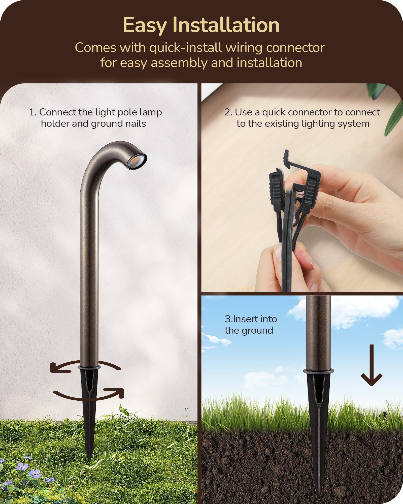 EDISHINE Low Voltage Landscape Lights, 3W 3000K 200LM, IP65, CRI80 Aluminum Candy Cane Light, Bronze-HGSL39B