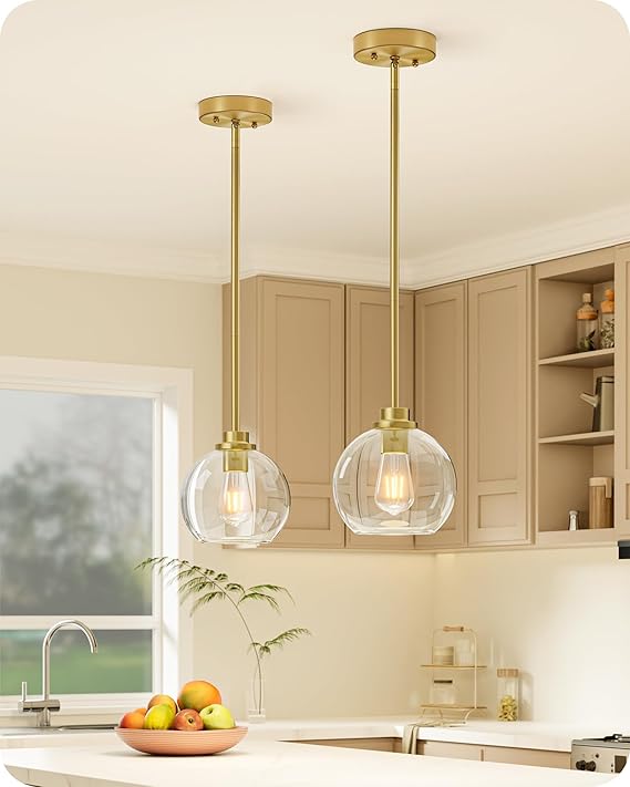 EDISHINE DISHINE Pendant Light Fixtures 2 Pack with Clear Glass Globe Shade, Gold Kitchen Hanging Lighting Over Island, Hardwired Adjustable Metal Rod for Dining Room, Entryway