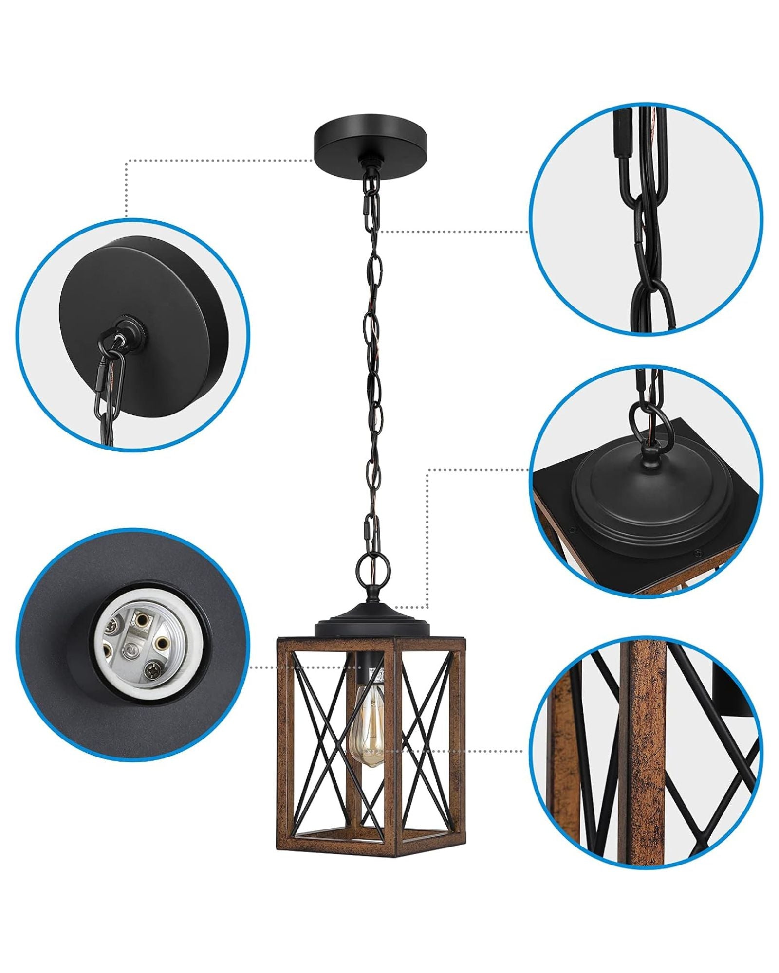 EDISHINE Farmhouse Metal Pendant Light with Wood-Grain Finish - HHPL05C