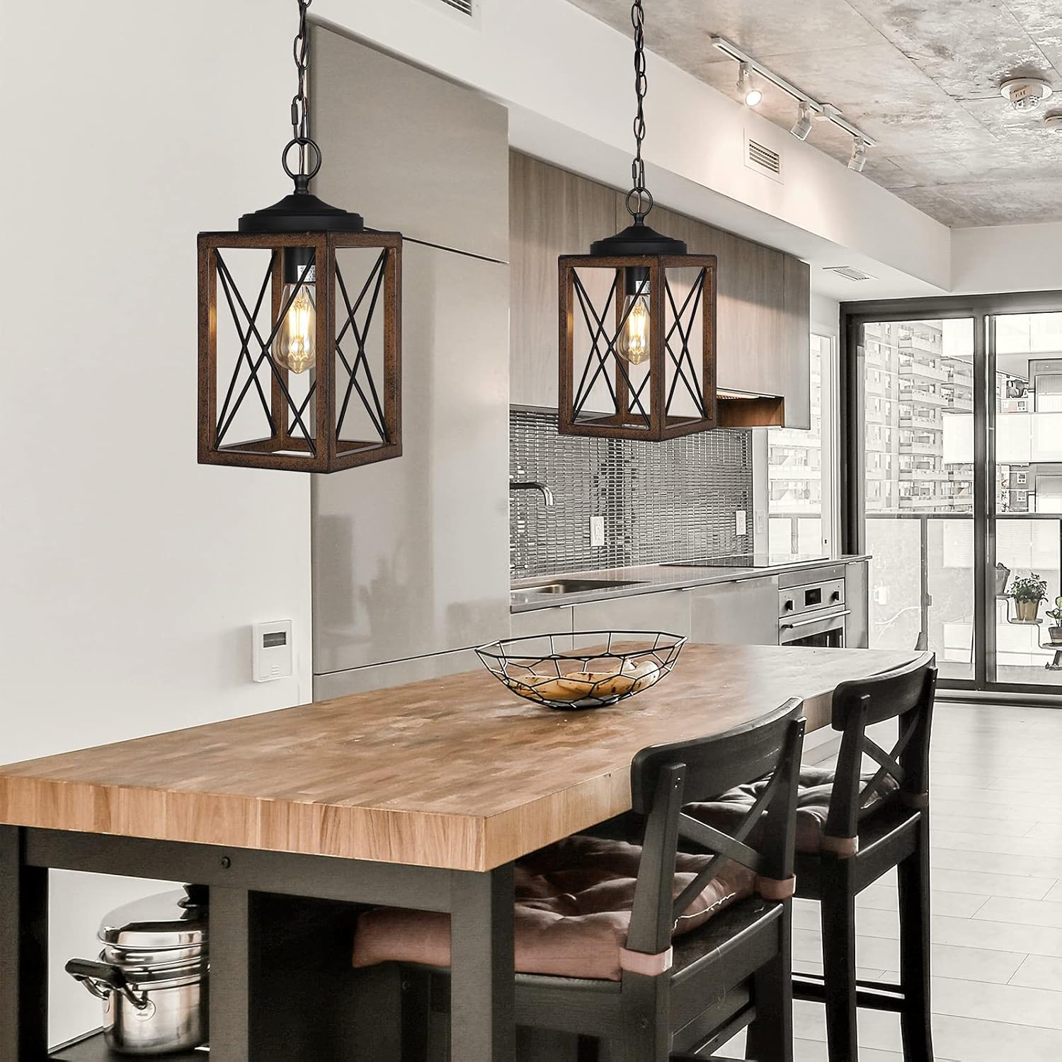 EDISHINE Farmhouse Metal Pendant Light with Wood-Grain Finish - HHPL05C