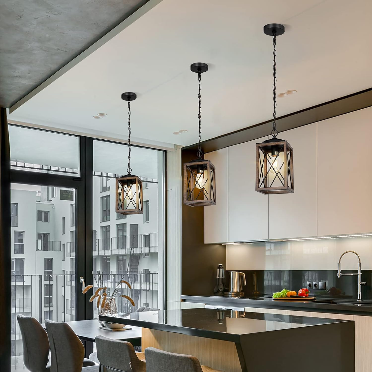 EDISHINE Farmhouse Metal Pendant Light with Wood-Grain Finish - HHPL05C