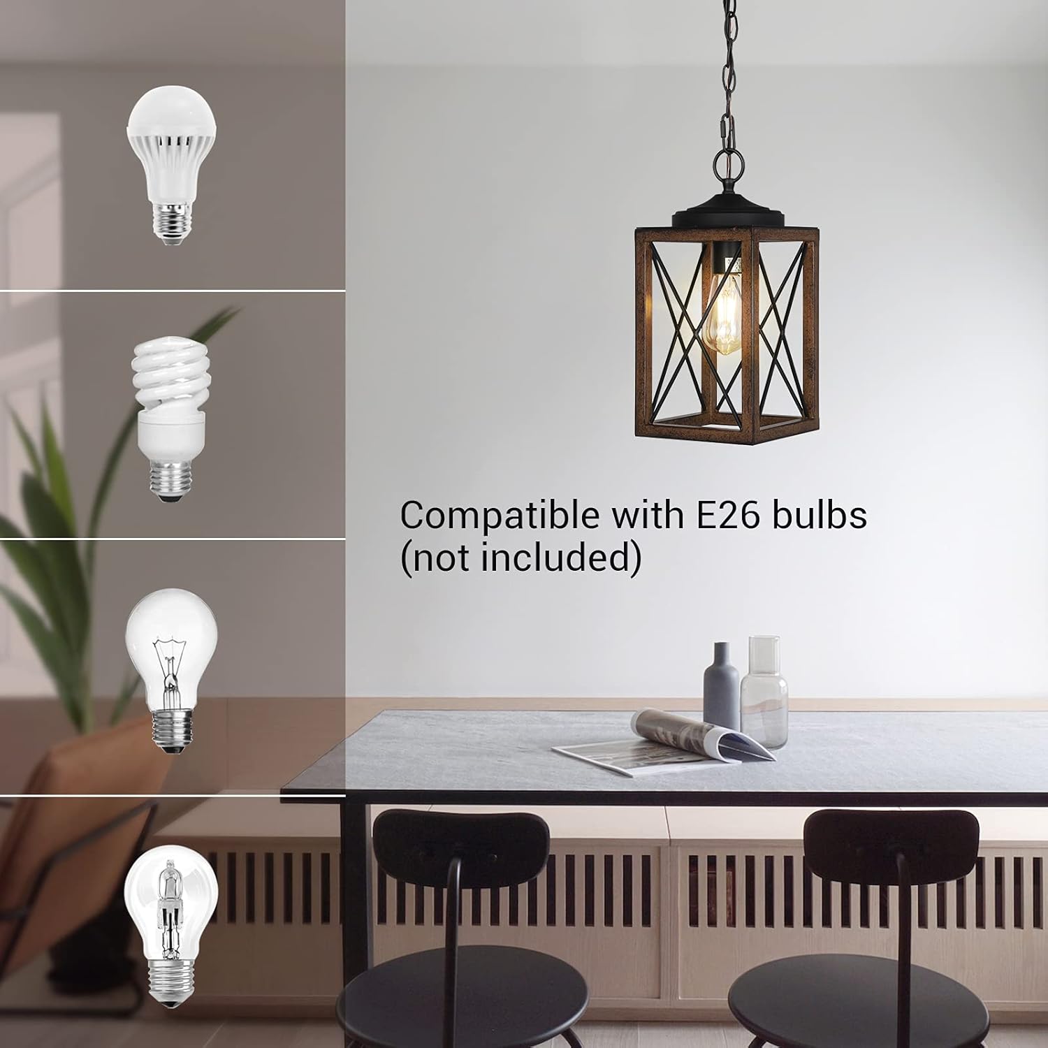 EDISHINE Farmhouse Metal Pendant Light with Wood-Grain Finish - HHPL05C