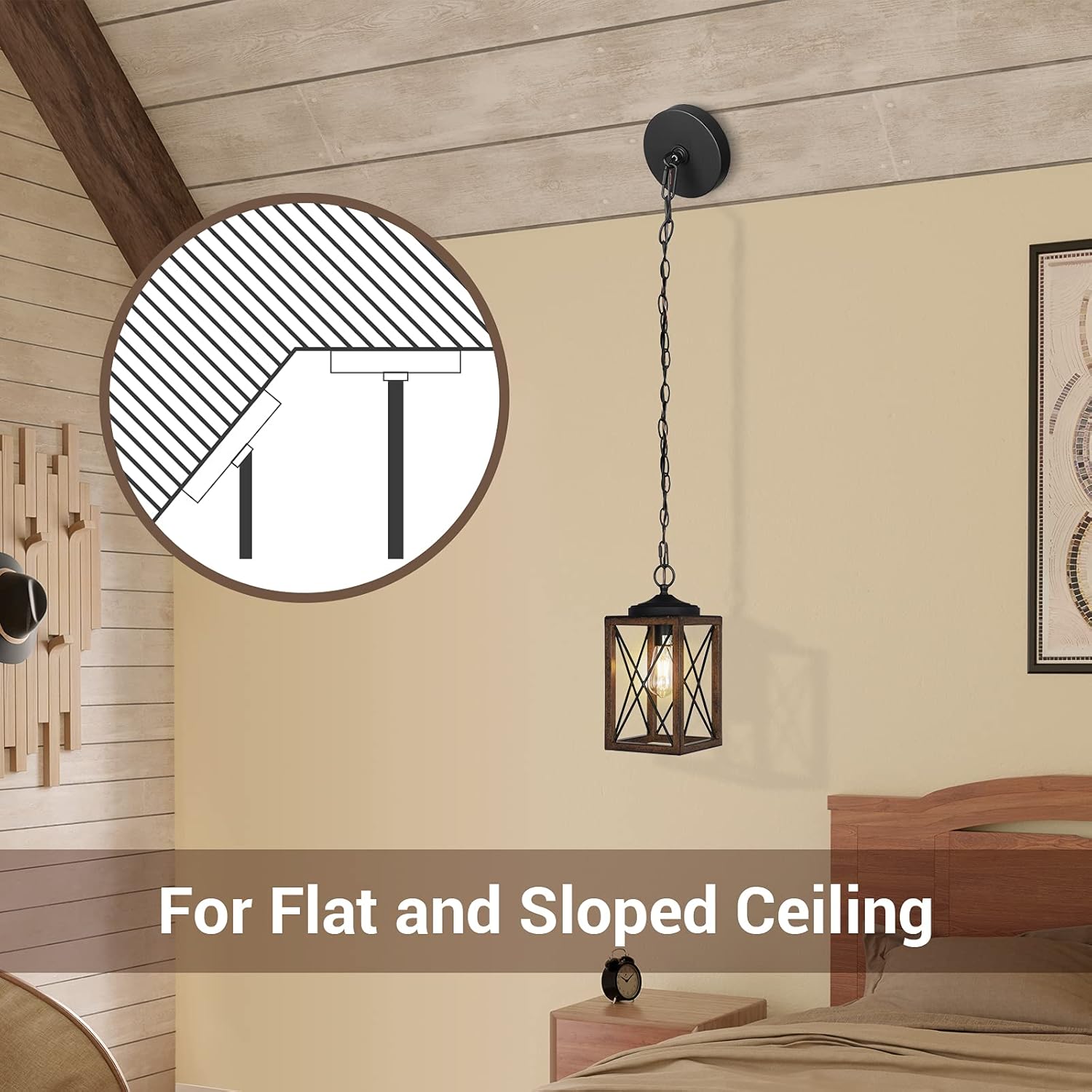 EDISHINE Farmhouse Metal Pendant Light with Wood-Grain Finish - HHPL05C