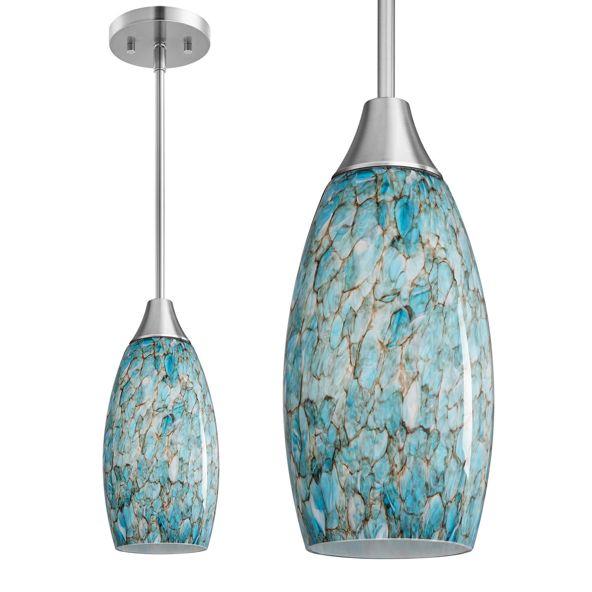Handblown Art Glass Pendant Light with Adjustable Brushed Nickel Rods