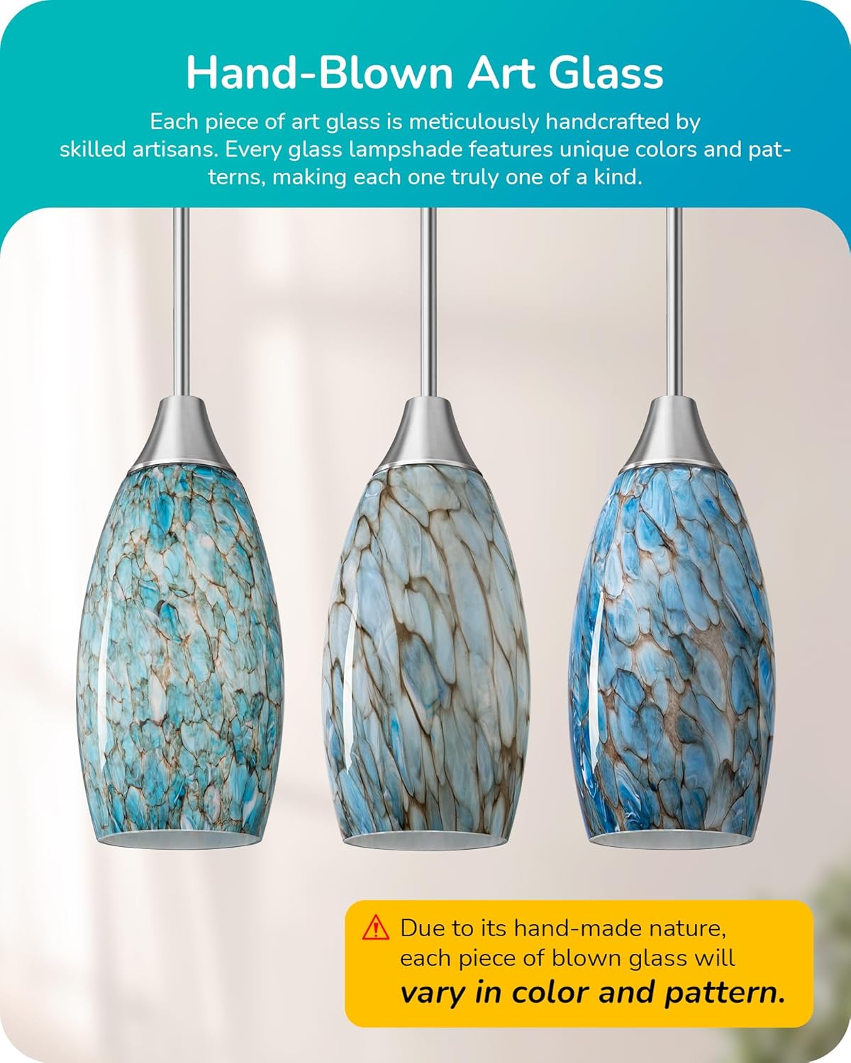 EDISHINE Handblown Blue Art Glass Pendant Light with Adjustable Brushed Nickel Rods - HHPL08B
