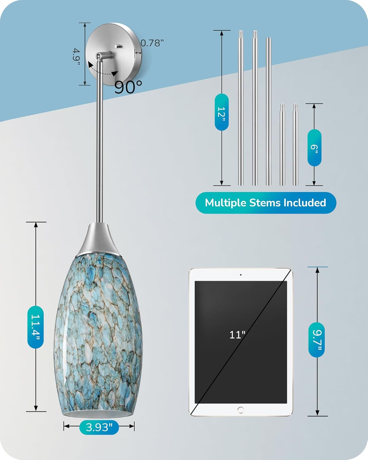 EDISHINE Handblown Blue Art Glass Pendant Light with Adjustable Brushed Nickel Rods - HHPL08B
