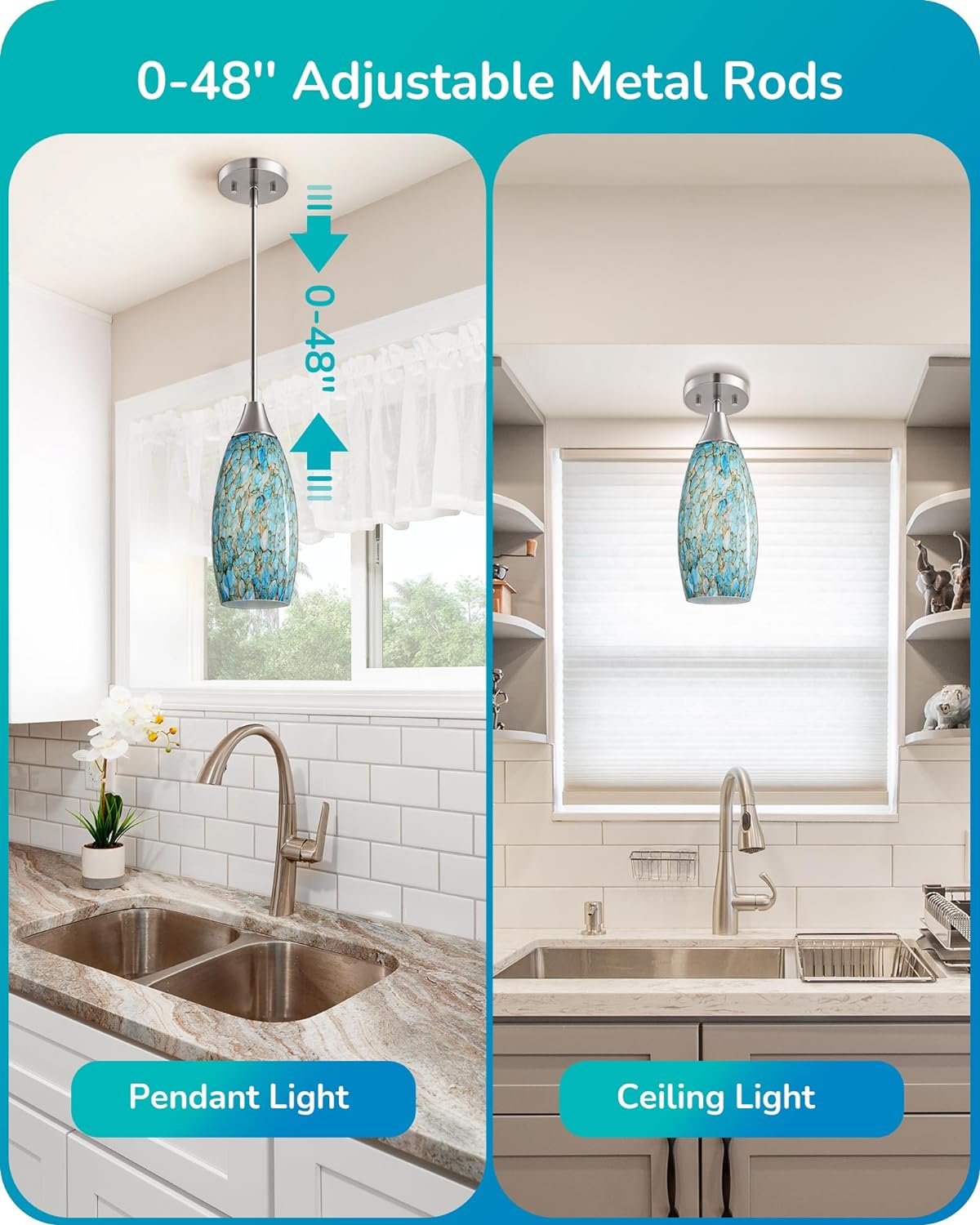 EDISHINE Handblown Blue Art Glass Pendant Light with Adjustable Brushed Nickel Rods - HHPL08B