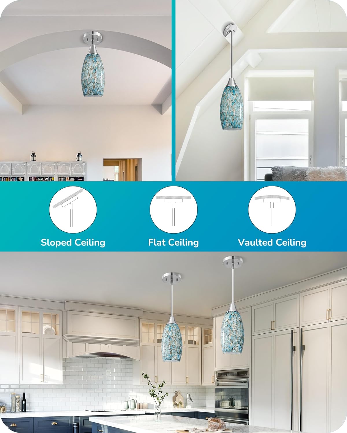 EDISHINE Handblown Blue Art Glass Pendant Light with Adjustable Brushed Nickel Rods - HHPL08B
