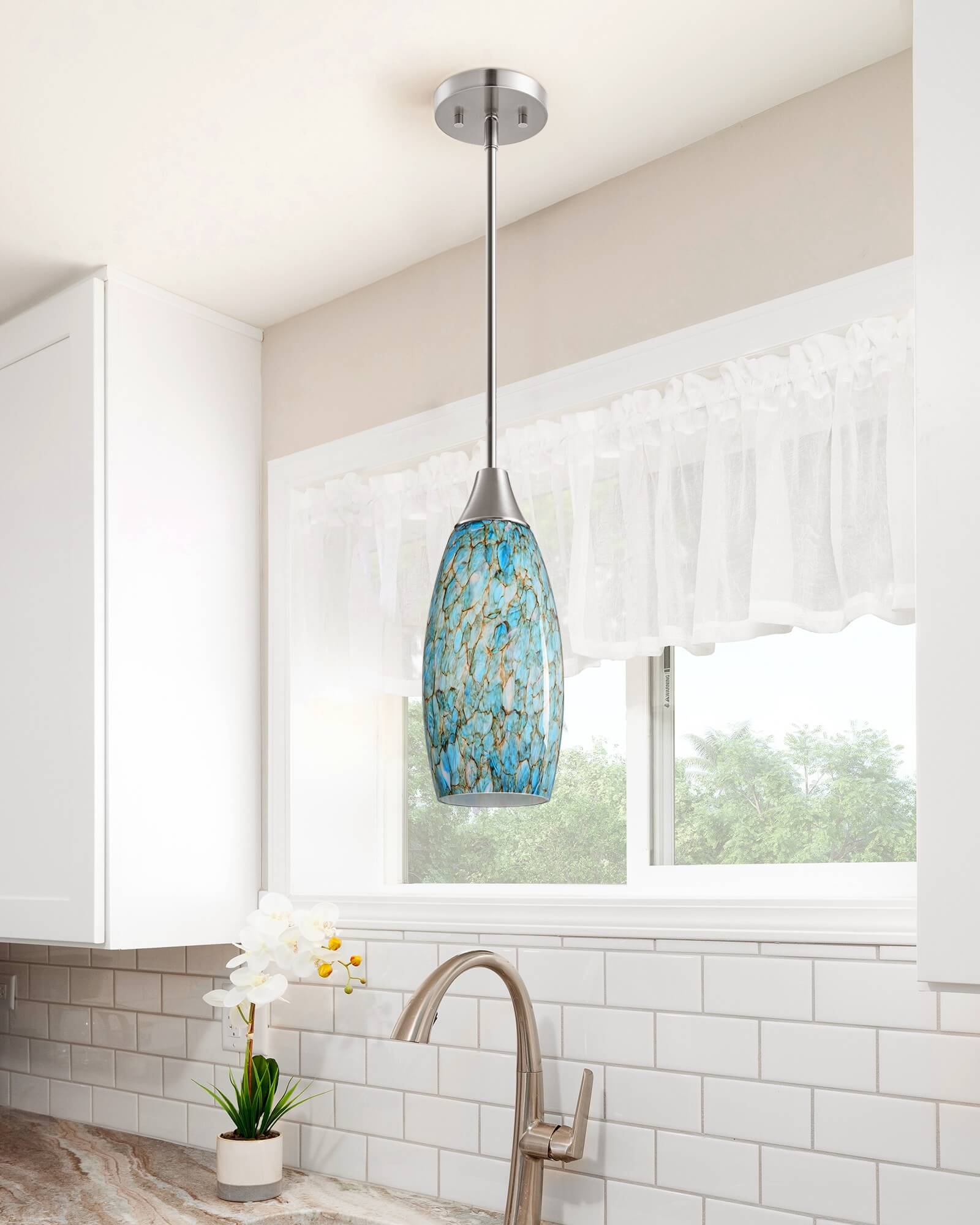 EDISHINE Handblown Blue Art Glass Pendant Light with Adjustable Brushed Nickel Rods - HHPL08B